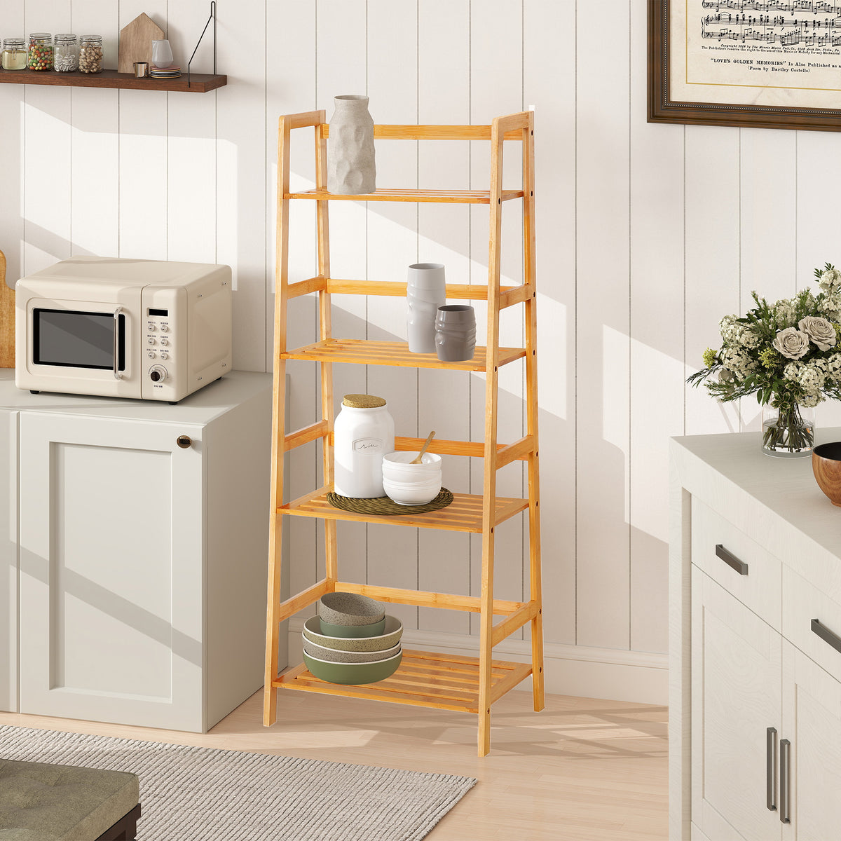 Etagère échelle en bambou 4 niveaux bibliothèque style naturel 48L x 31,5l x 120H cm