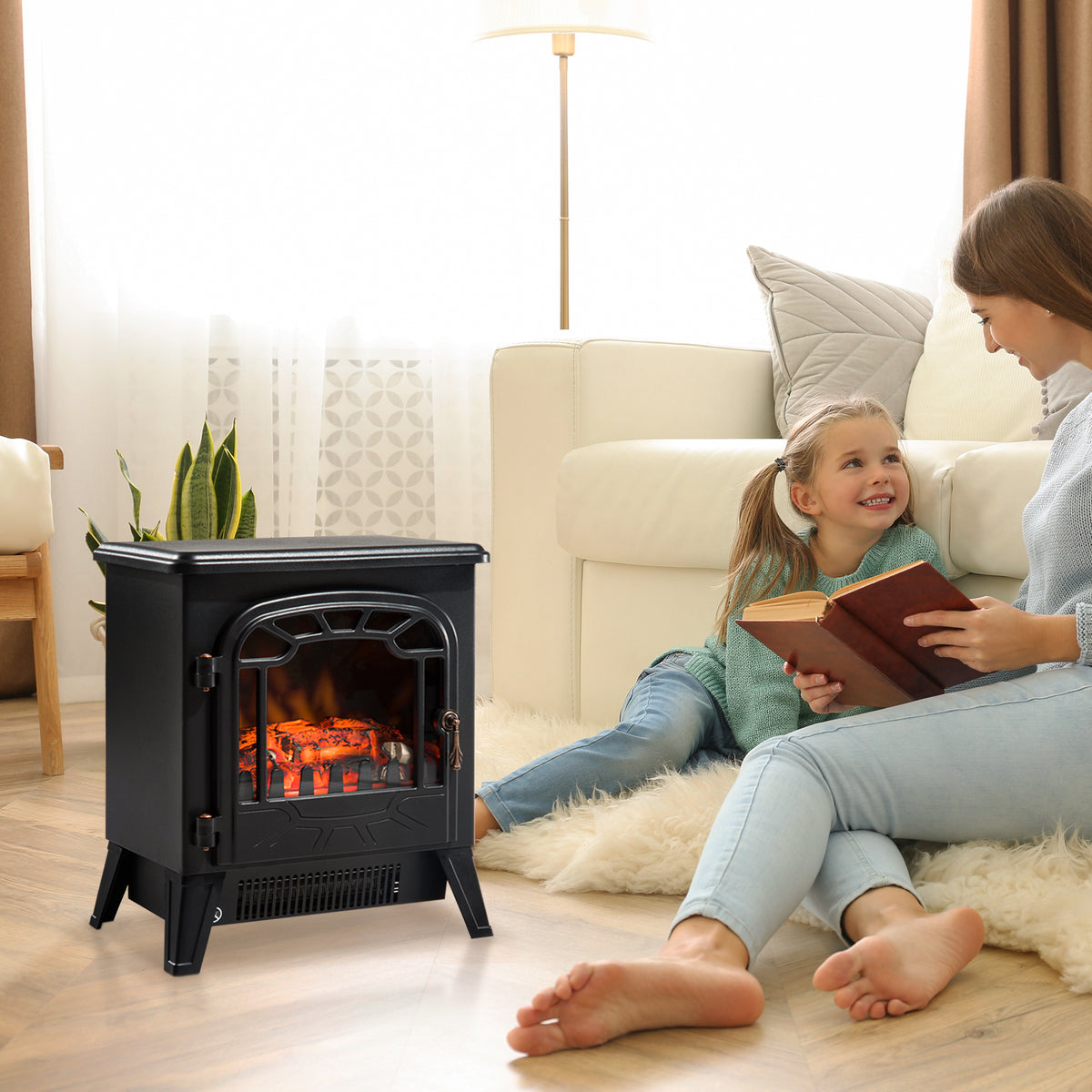 Cheminée électrique radiateur Imitation Flamme avec luminosité et réglable 925 W / 1850 W Porte métal Verre trempé Noir-9