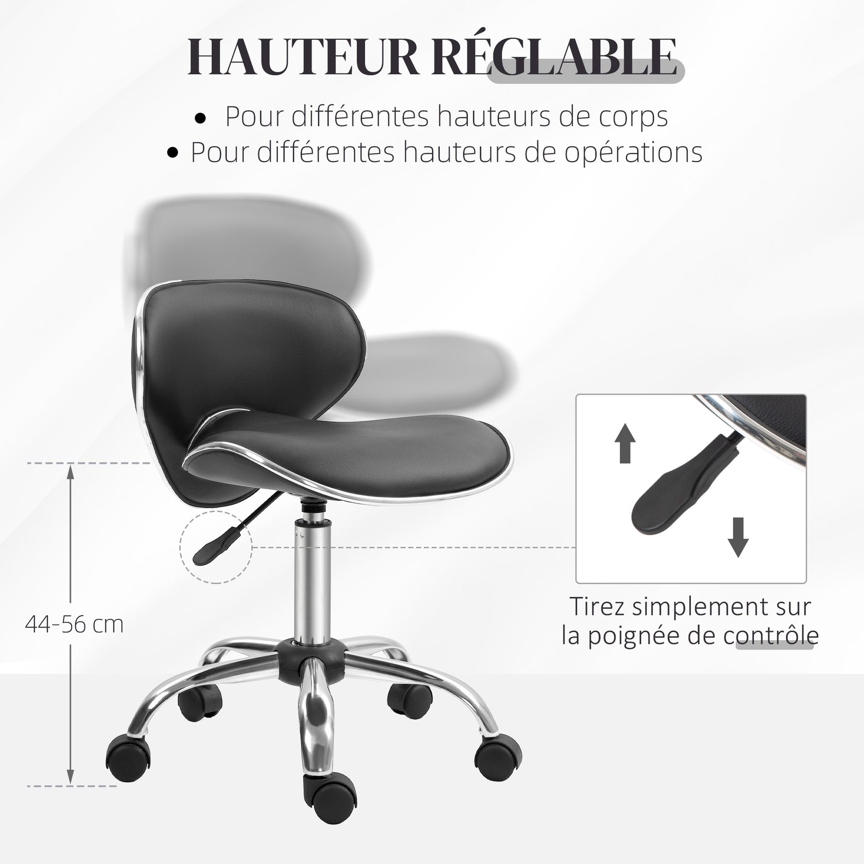 Tabouret à roulettes tabouret de travail avec hauteur réglable 44-56 cm et dossier, pivotant 360°, noir