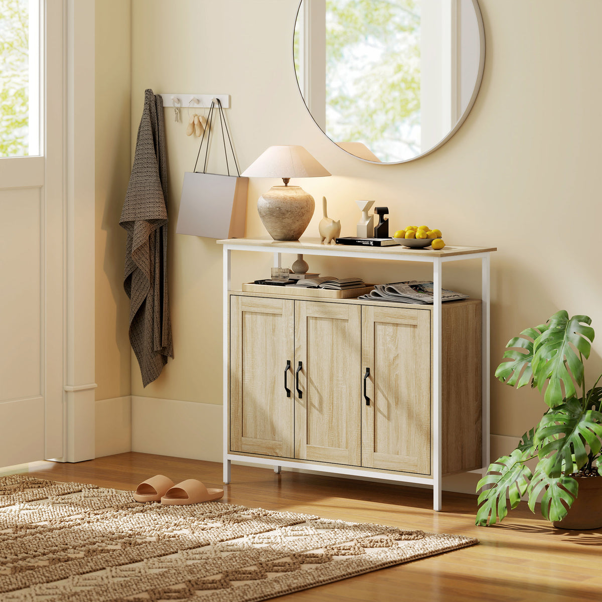 Buffet, meuble de rangement avec 3 portes, compartiment ouvert et 4 étagères réglables, 100 x 35 x 88 cm, bois naturel