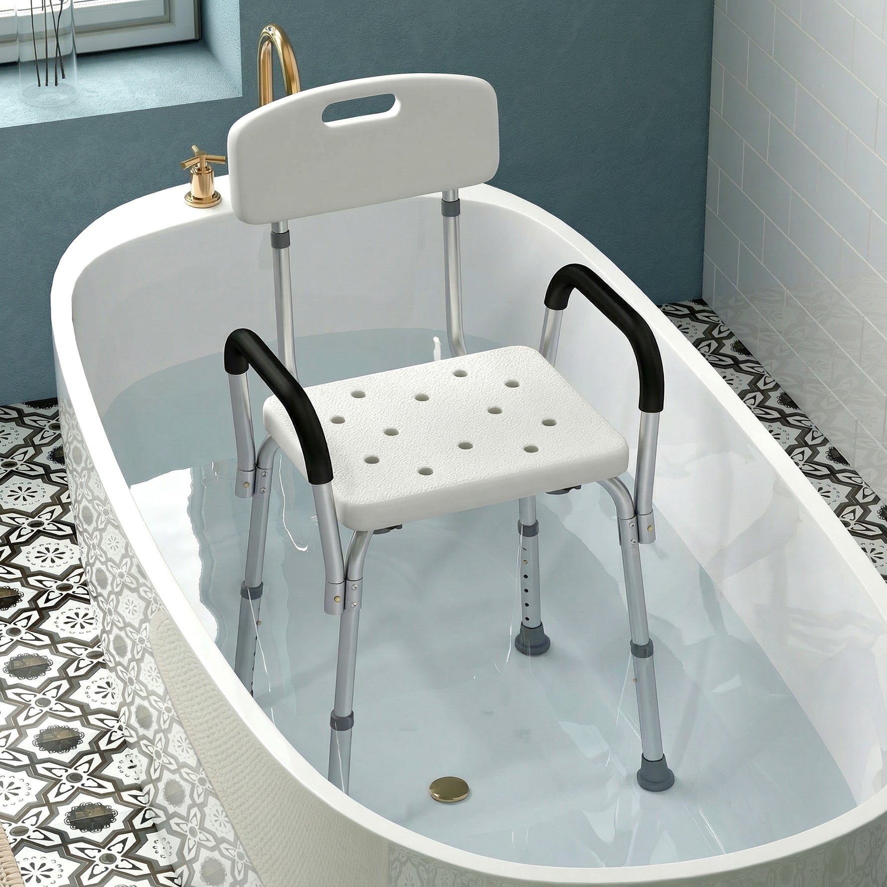 Chaise de Douche siège de Douche Ergonomique Hauteur réglable Pieds antidérapants Dossier accoudoirs Amovibles Charge Max. 136 Kg alu HDPE Blanc