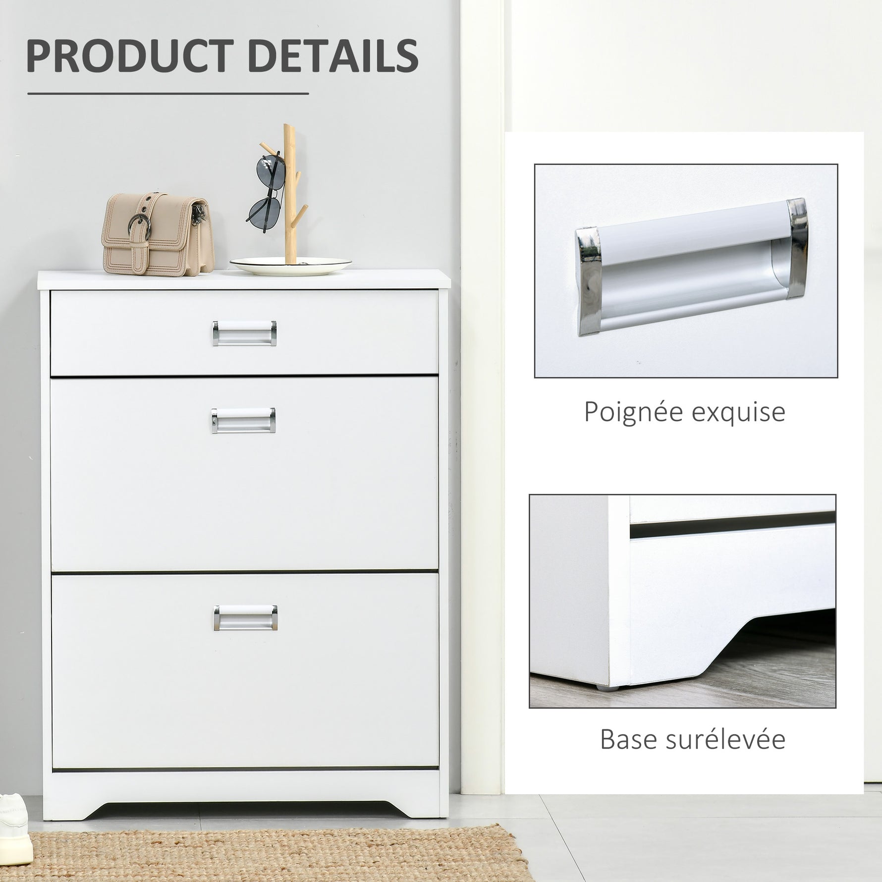 Meuble à chaussures avec 2 tiroirs rabattables étagère réglable + 1 tiroir  jusqu'à 16 paires 70L x 29l x 92H Blanc