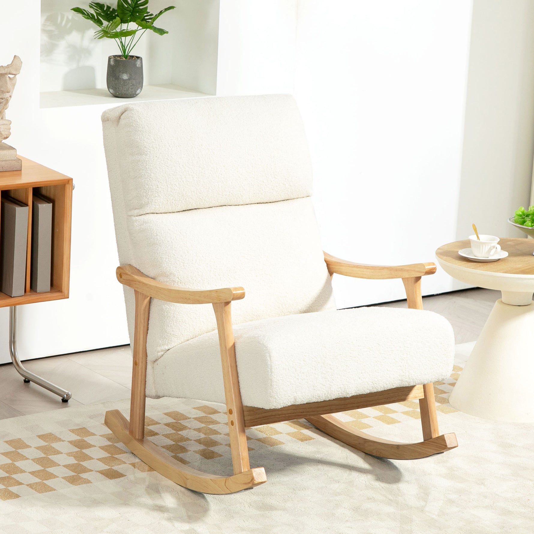 Fauteuil à bascule, rocking chair en velours teddy avec assise rembourré, dossier ergonomique, 65 x 90 x 98 cm, crème