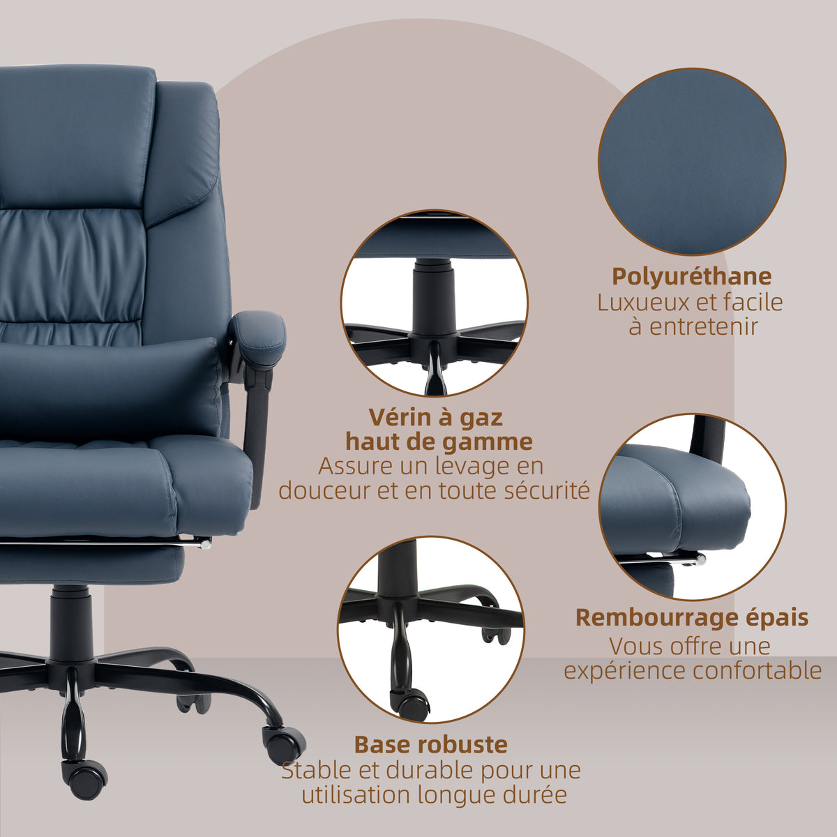 Fauteuil de bureau massant, repose-pied, hauteur réglable, dossier inclinable, télécommande filaire, 66x75x122cm, bleu