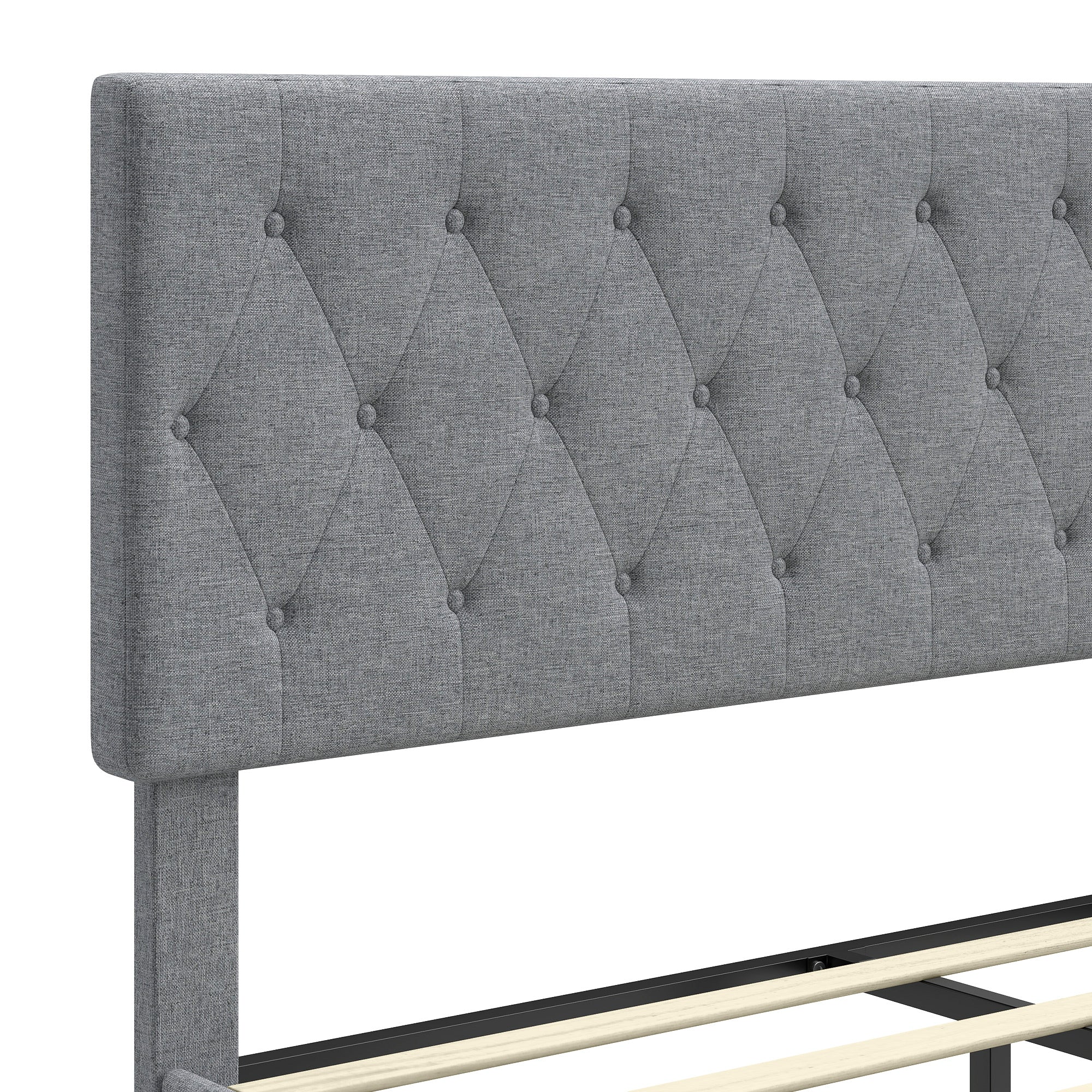 Bettgestell 140 x 190 cm mit Lattenrost, gepolstertes Doppelbett aus Leinen, gestepptes Kopfteil, 10-Lamellen-Unterstützung, Grau