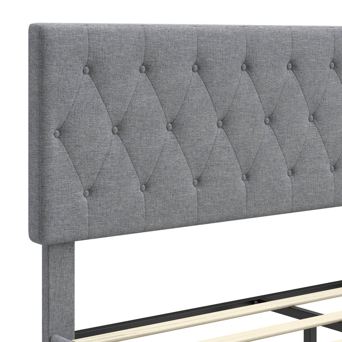 Estructura de cama de 140 x 190 cm con somier, cama doble tapizada en lino, cabecero capitoné, soporte de 10 listones, gris