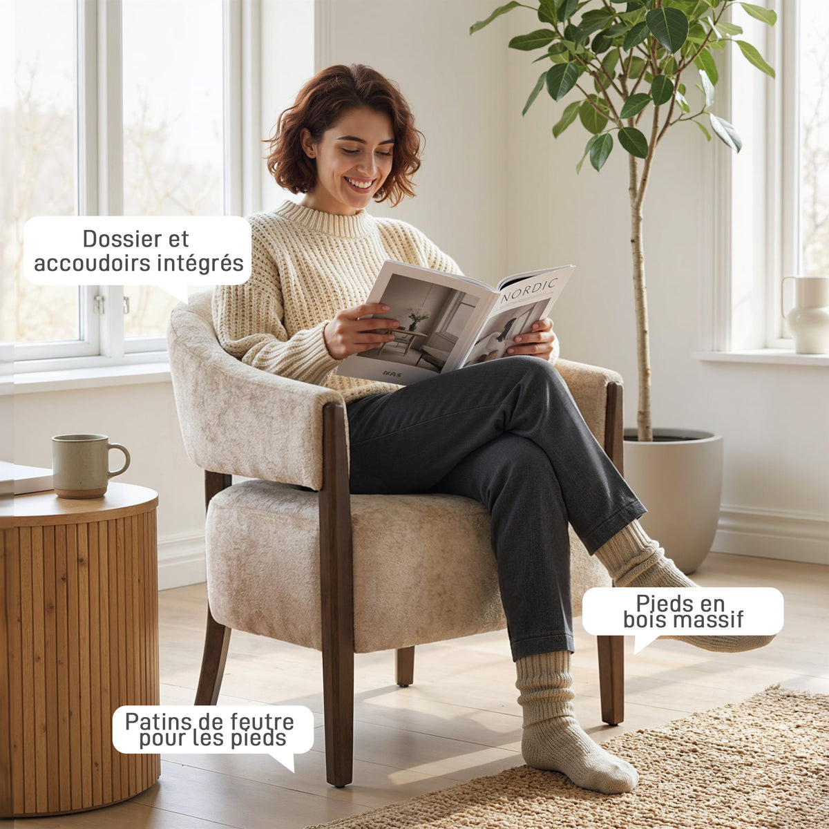 Fauteuil de salon en chenille, chaise rembourrée, assise large, dossier ergonomique, accoudoirs, 71x63,5x78,5cm, beige
