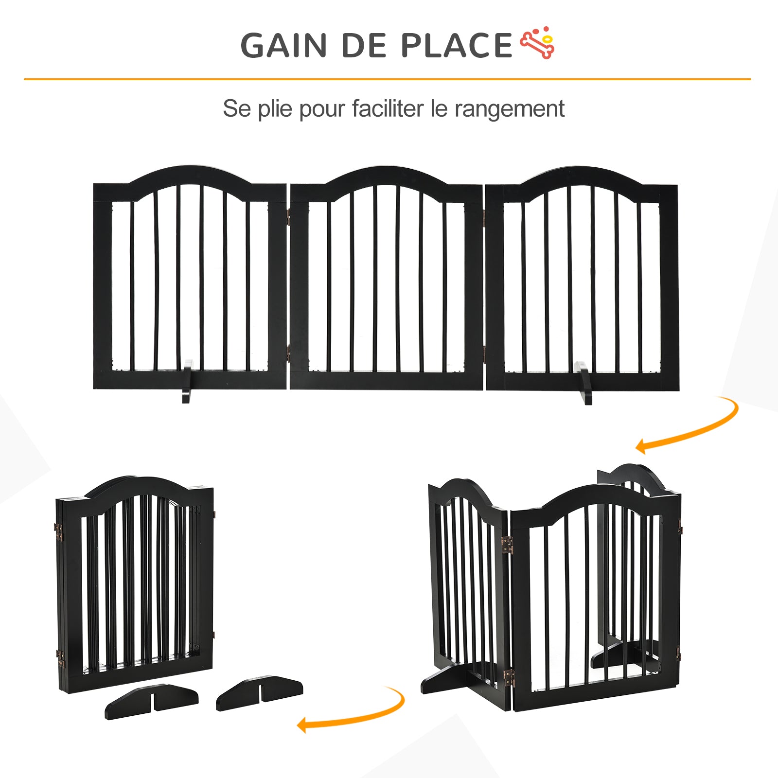 Barrière de sécurité chien barrière modulable pliable pour animaux de compagnie avec pied de support MDF bois massif 154,5 x 61 cm noir