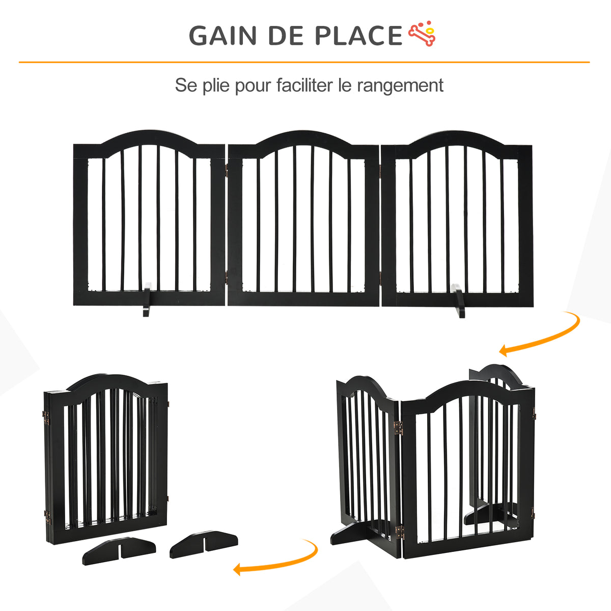 Barrière de sécurité chien barrière modulable pliable pour animaux de compagnie avec pied de support MDF bois massif 154,5 x 61 cm noir