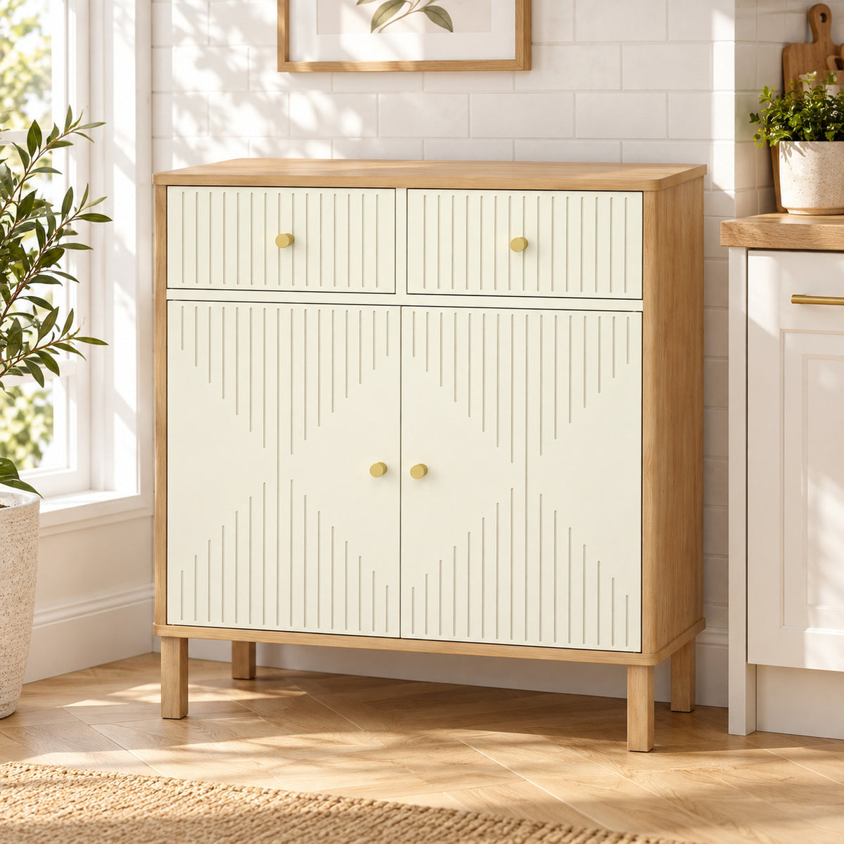 Buffet, meuble de rangement cannelé avec plateau effet chêne, 2 tiroirs, 2 portes, étagère réglable, 77x30x80cm, crème
