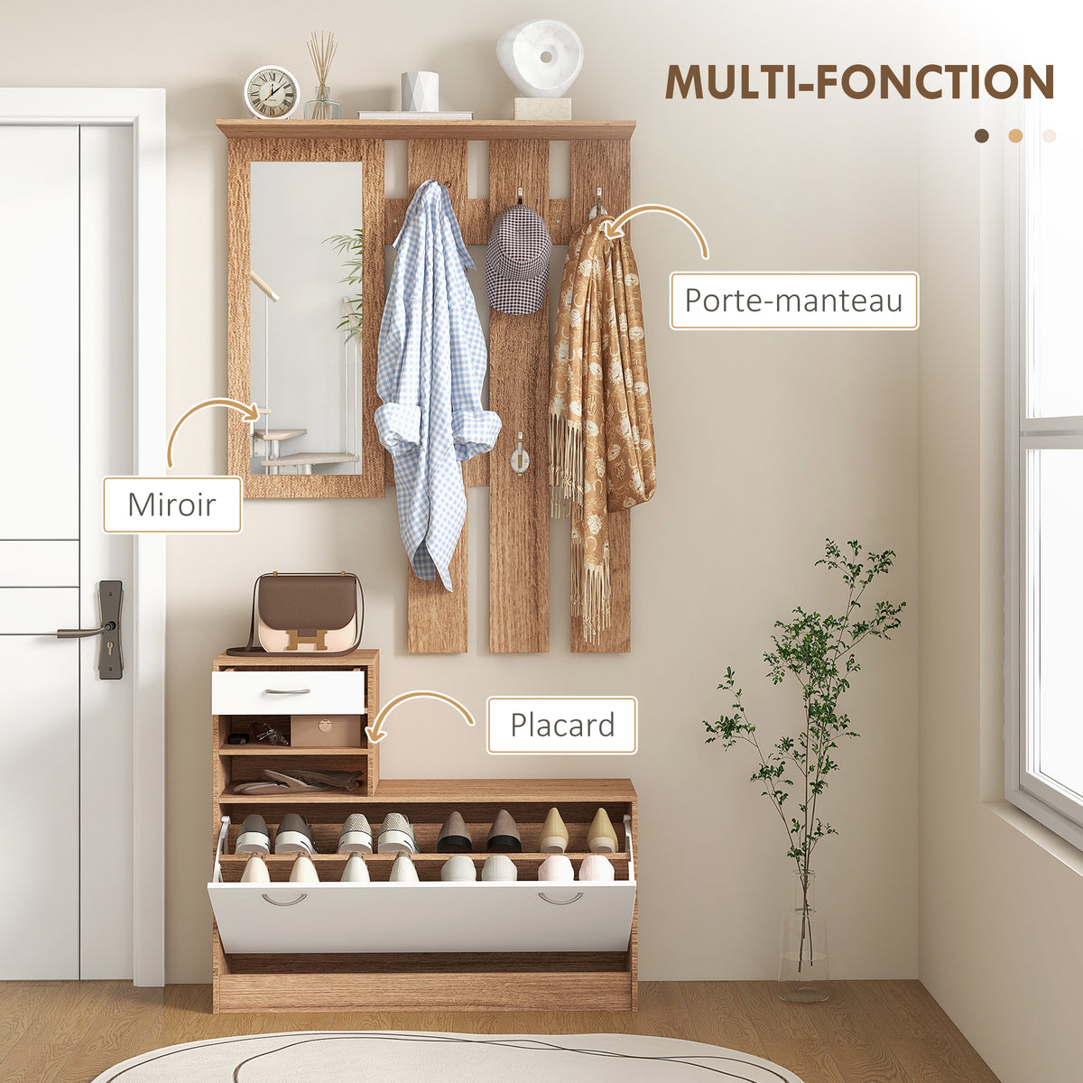 Mueble de recibidor tipo vestidor con panel perchero, espejo y zapatero - 6 ganchos y estante ajustable