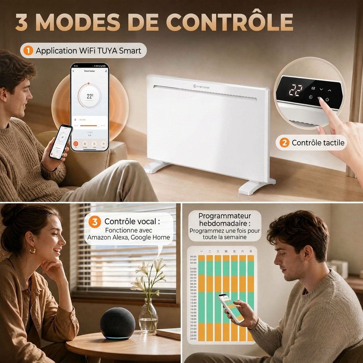 WLAN-fähiger Elektroheizkörper 1500 W, freistehend oder wandmontiert, Sprachsteuerung, 4 Modi, LED-Display, 70x21,5x43,5 cm, weiß
