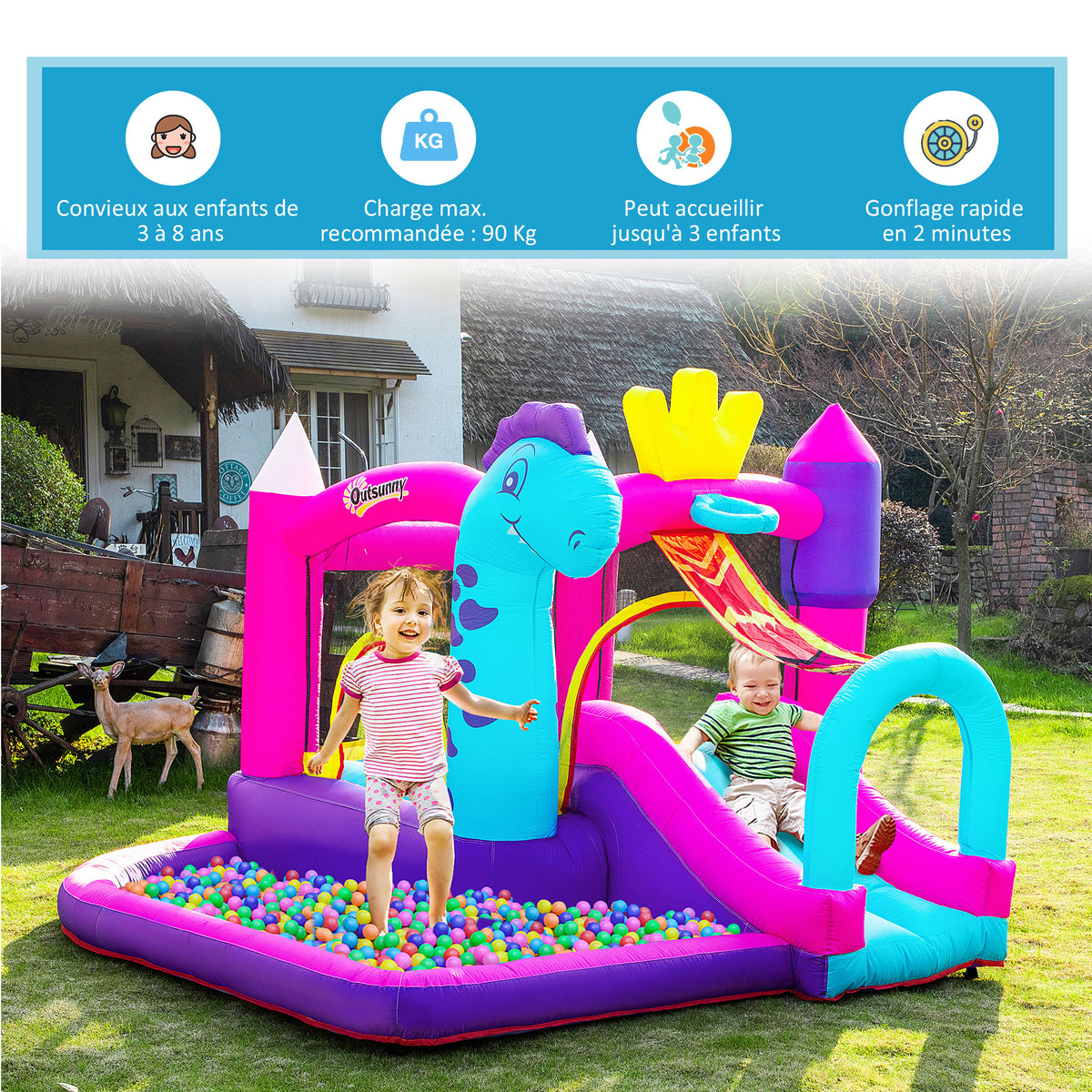 Château Gonflable avec Toboggan, Trampoline, Aire de Jeux Piscine et Panier Jusqu'à 3 Enfants +3 Ans gonfleur et Sac de Transport Souffleur 350W inclus dim. 300L x 270l x 200H cm Multicolore