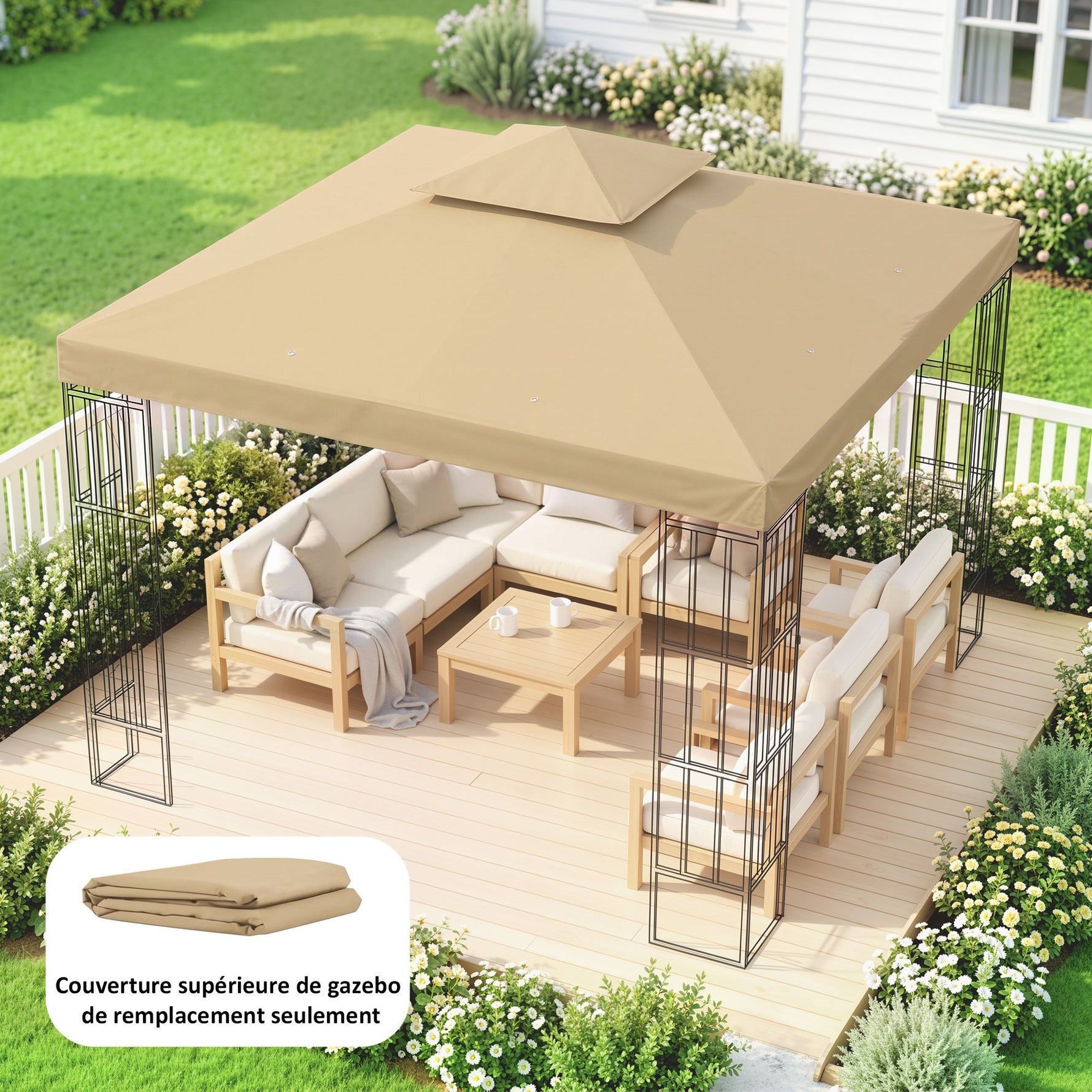 Toit de Remplacement pour pavillon de Jardin Toile de Rechange pour pavillon tonnelle Tente 3 x 3 m Beige