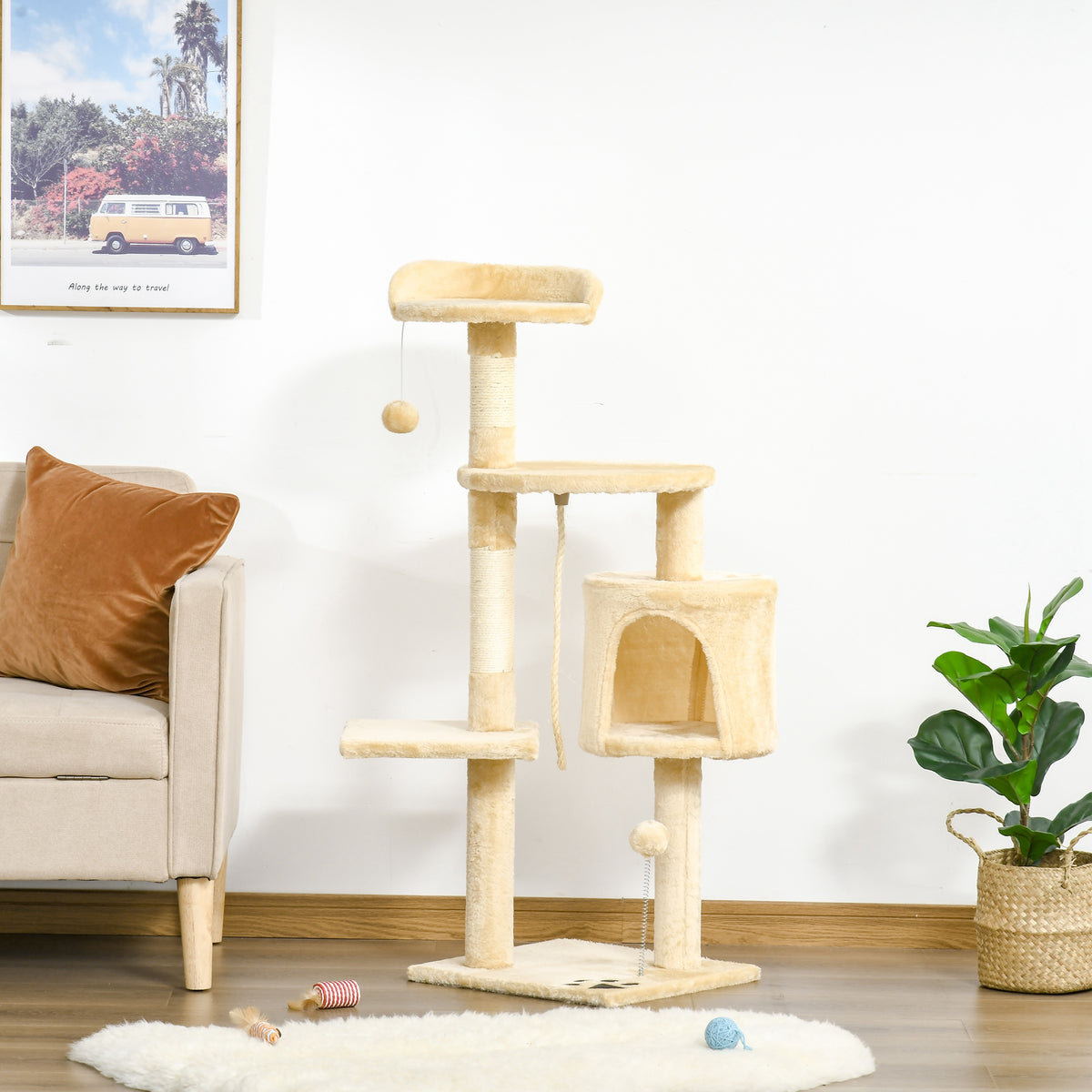 Klimpaal voor katten met krabpalen, krabplanken, platforms, slaaphuisje, touw en speeltjes 40L x 40B x 114H cm beige