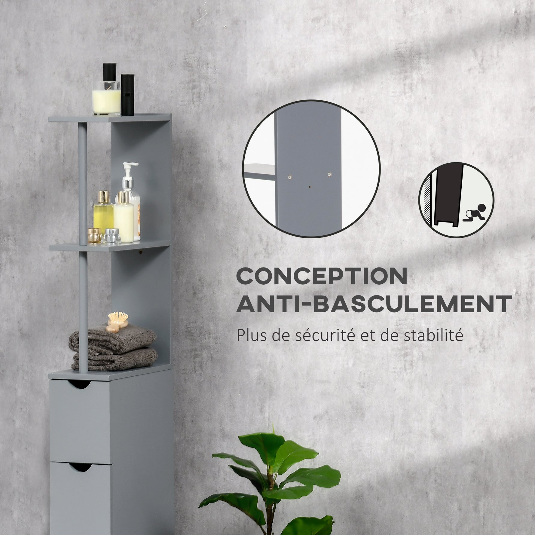 Meuble colonne salle de bain armoire de salle de bain avec tiroirs étagères ouvertes placard 15 x 33 x 136,8 cm gris