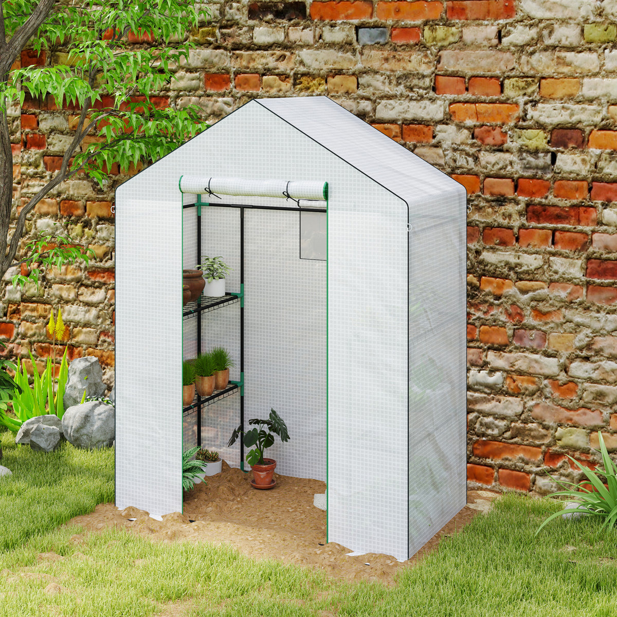 Serre de jardin avec 1 porte, 2 fenêtres et 2 étagères en forme de U pour Légumes Plantes Fleurs Bâche PE 140x73x190 cm