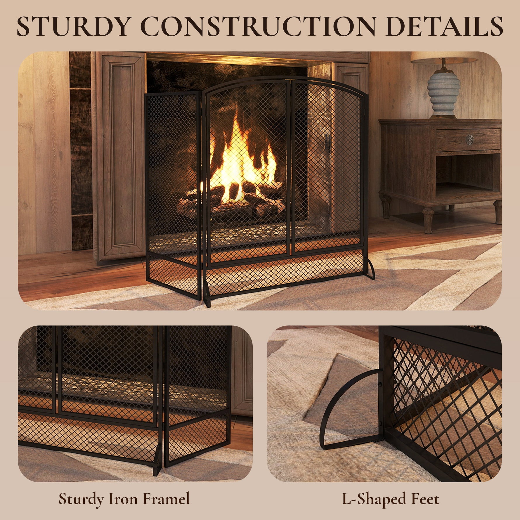 Pare-feu de Cheminée Pliable 3 Panneaux, 2 Portes, Style Moderne, Pare-Étincelles Cheminée en Métal, 122x10x75cm, Noir