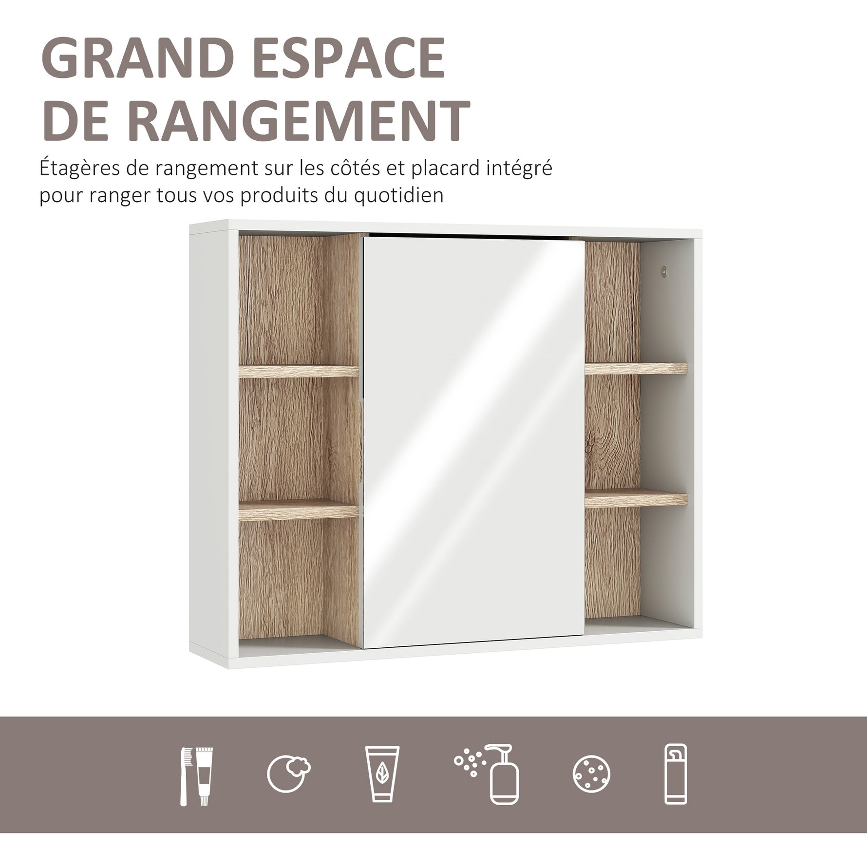 Armoire murale, meuble salle de bain avec miroir, miroir salle de bain avec rangement, placard à portes et 6 compartiments ouverts, 60 x 14,5 x 49,4 cm, blanc