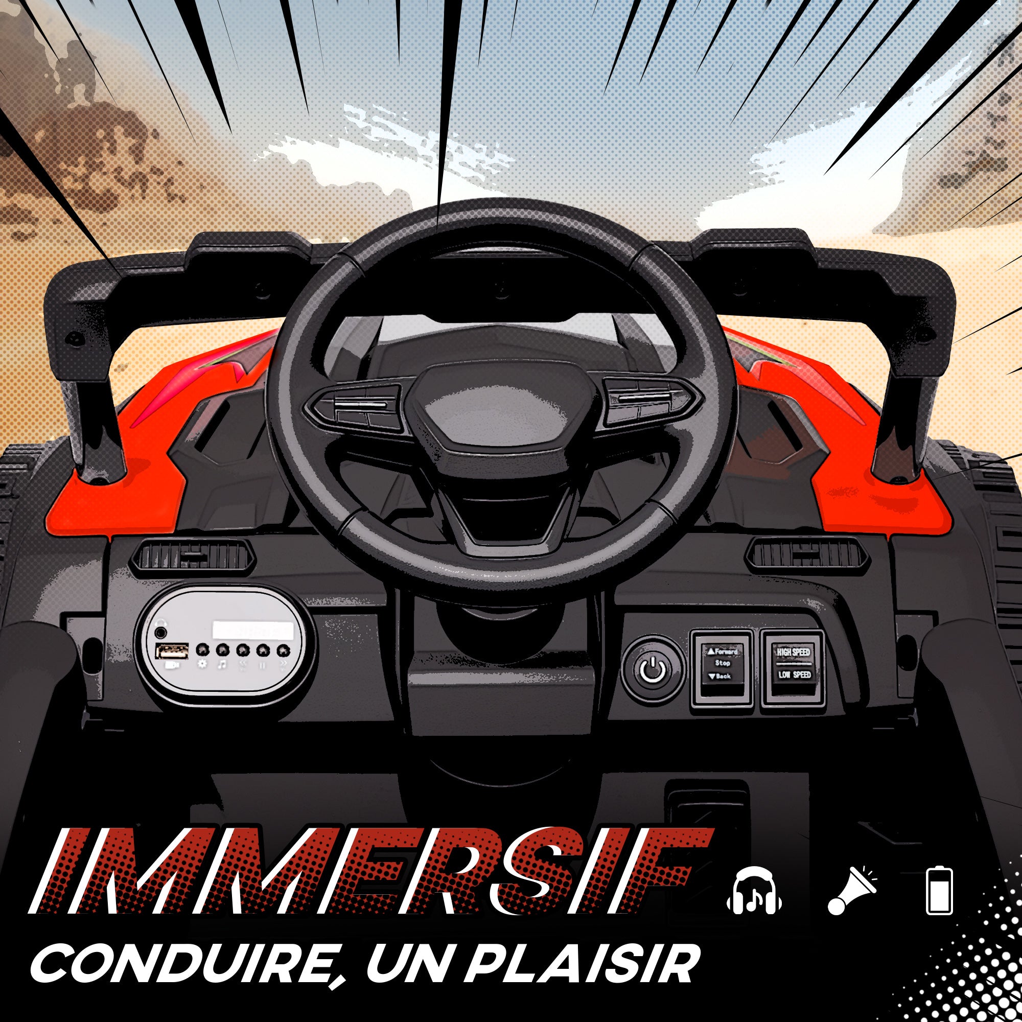 Elektro-Kinderauto UTV, 12V Elektro-Buggy für Kinder mit 2 Motoren, Fernbedienung, LED, Musik, Hupe, 3–8 Jahre, Rot
