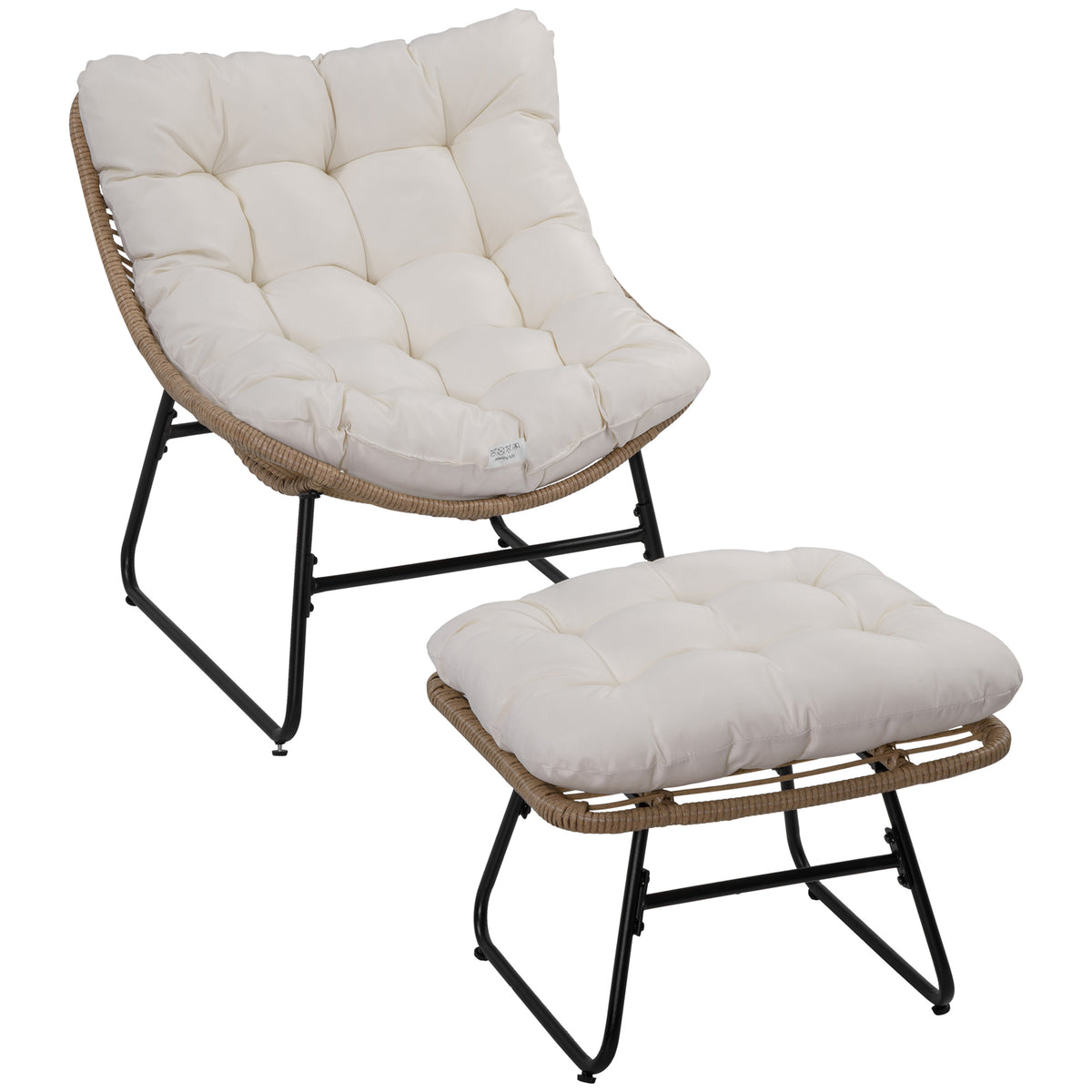 Fauteuil chaise de jardin avec repose-pieds en métal époxy et résine tressée aspect rotin avec coussins