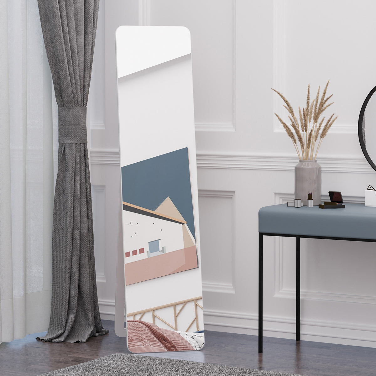 Miroir sur Pied et Mural rectangulaire dim. 37L x 43l x 156H cm Bois Aspect Blanc