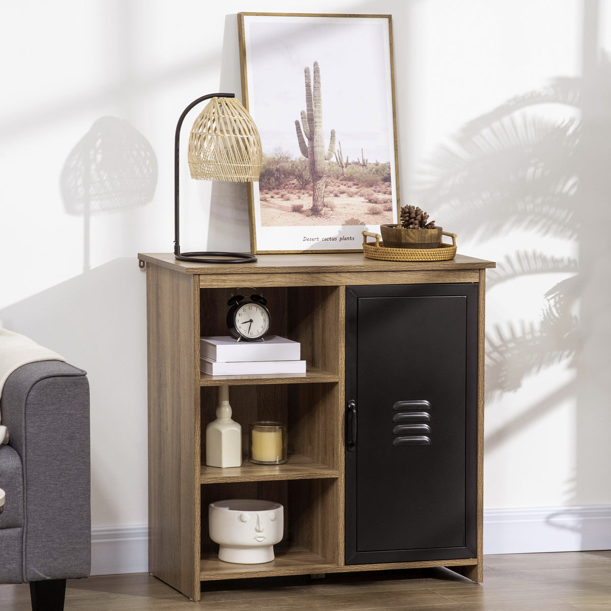 Industrielles Buffet - Standregal mit 3 Fächern und Schranktür - aus Holz und schwarzem Metall