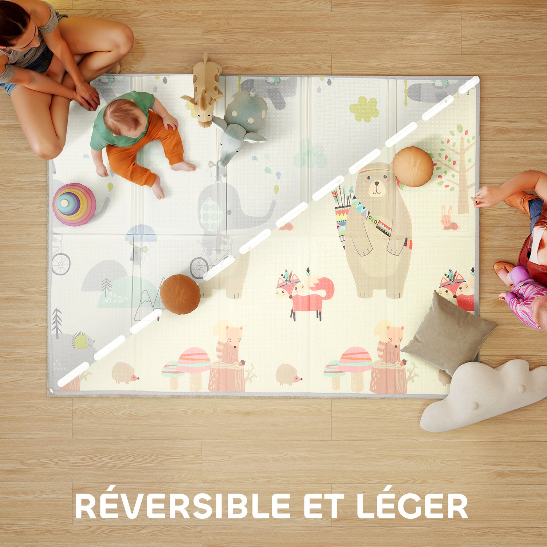 Tapis de jeu pour bébé pliable et réversible, tapis de sol en mousse épais, 200 x 150 x 1,5 cm, multicolore