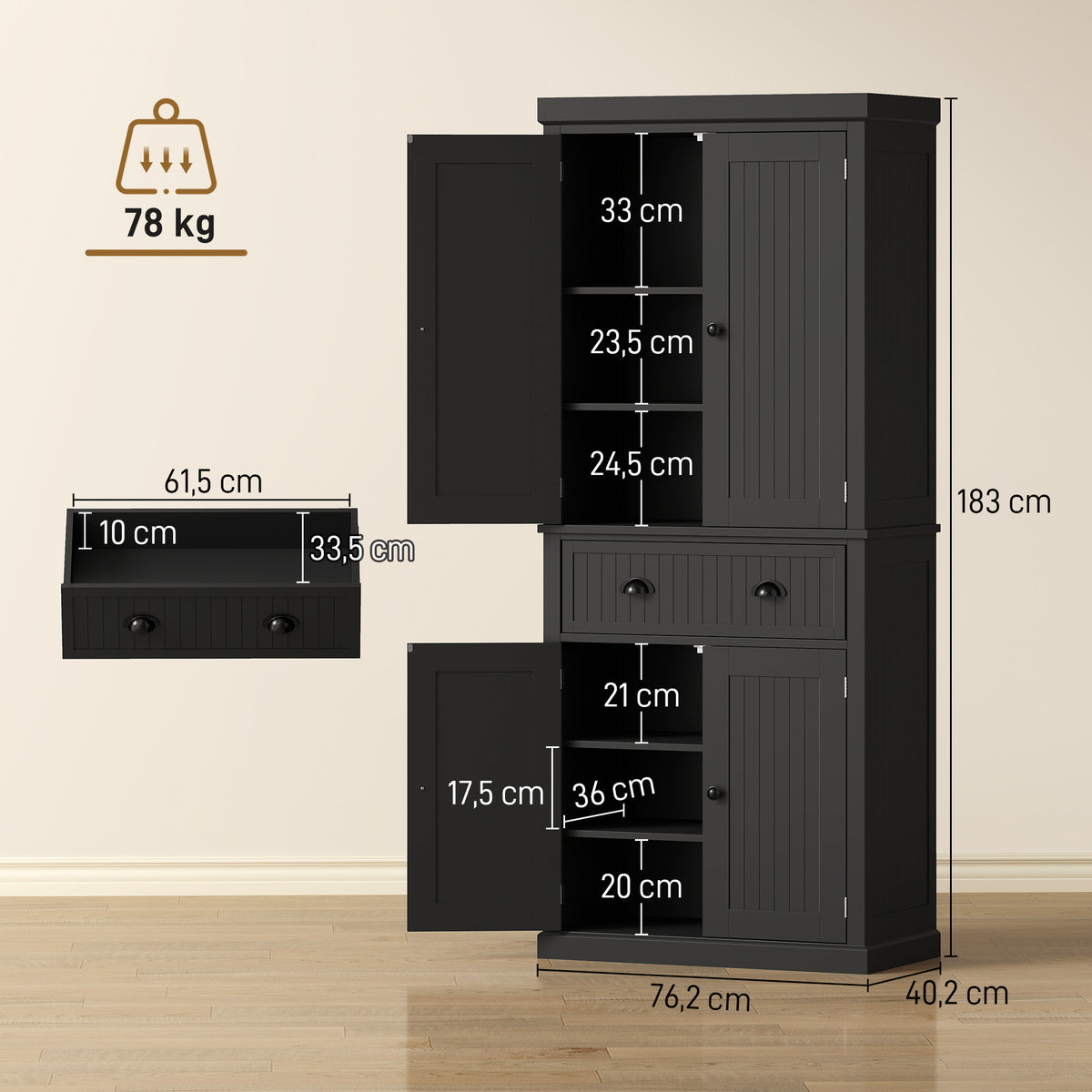 Buffet haut cuisine, armoire de cuisine avec 4 portes, tiroir et étagères réglables, 76,2 x 40,2 x 183 cm, noir