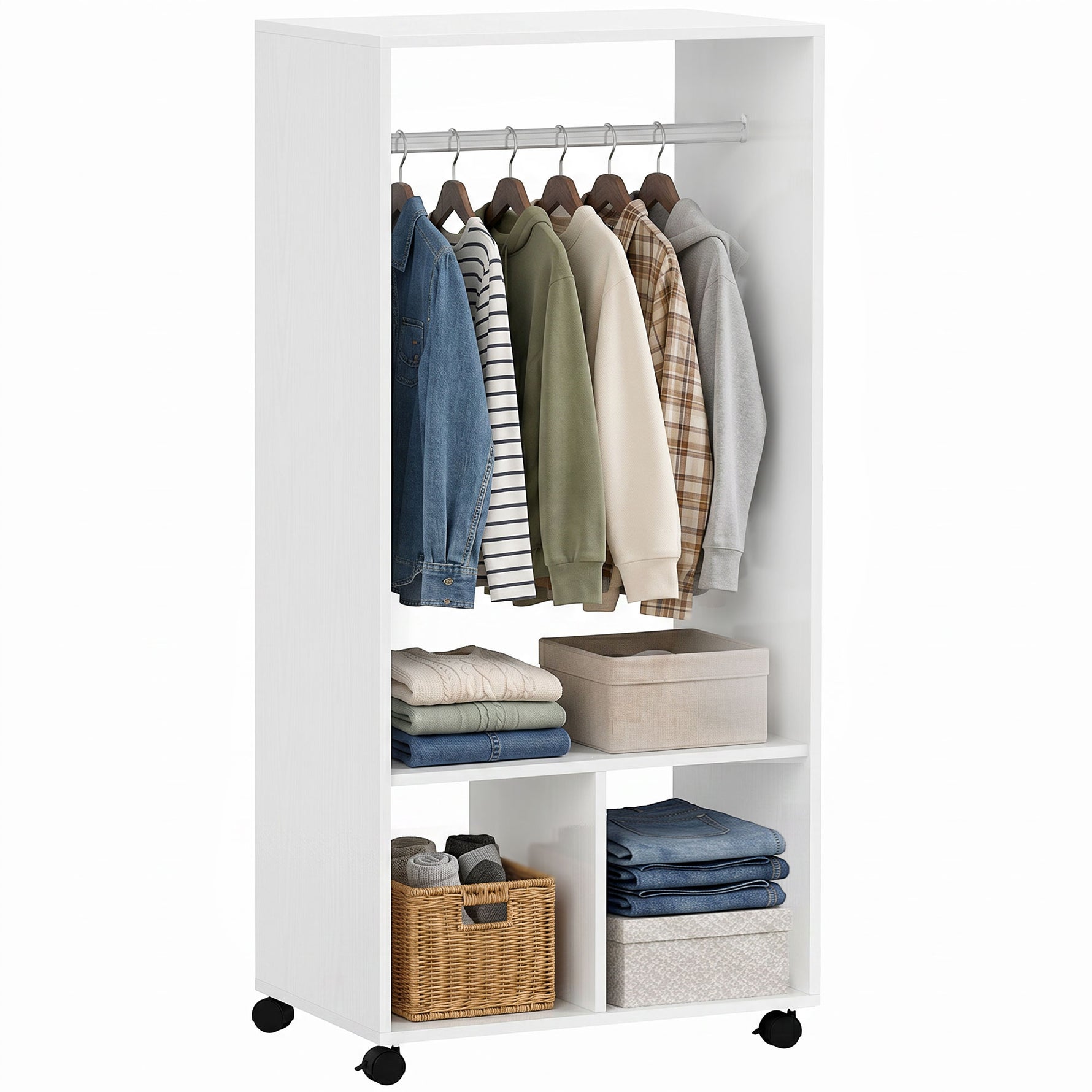 Armoire penderie étagère 2 niches 4 roulettes pivotantes dim. 60L x 40l x 128H cm Blanc