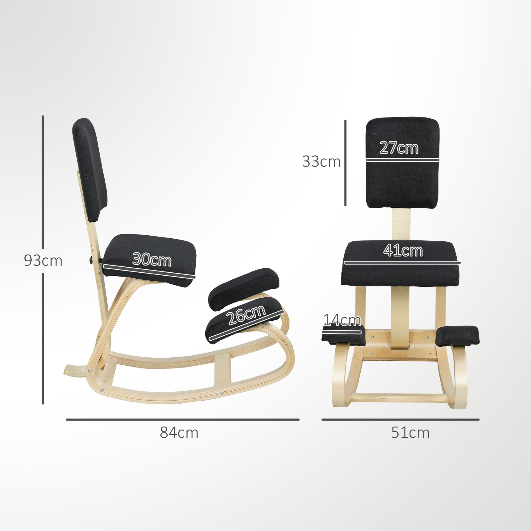 Siège assis genoux, tabouret ergonomique en bois à bascule avec dossier, chaise à genoux pour bureau à domicile, noir