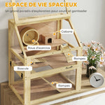 Cage Hamster Rongeur à 3 Niveaux, Fond Amovible, Cabane, Balançoire, 60x40x75cm, Finition Bois Naturel