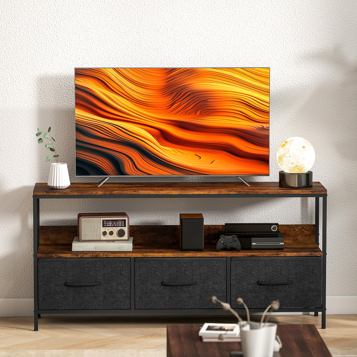 Meuble TV, meuble télé pour téléviseur jusqu'à 55 pouces avec 3 tiroirs et pieds en acier 120 x 29 x 56 cm brun rustique