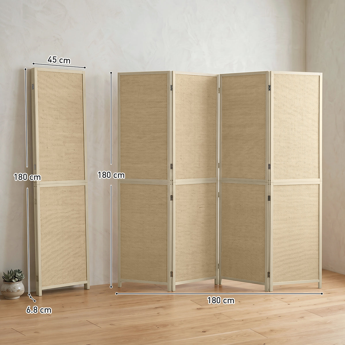 Paravent Interieur en Bambou 4 Panneaux 180x180cm, Séparateur de Pièce Pliable et Portable, Style Bohème, Bois Naturel