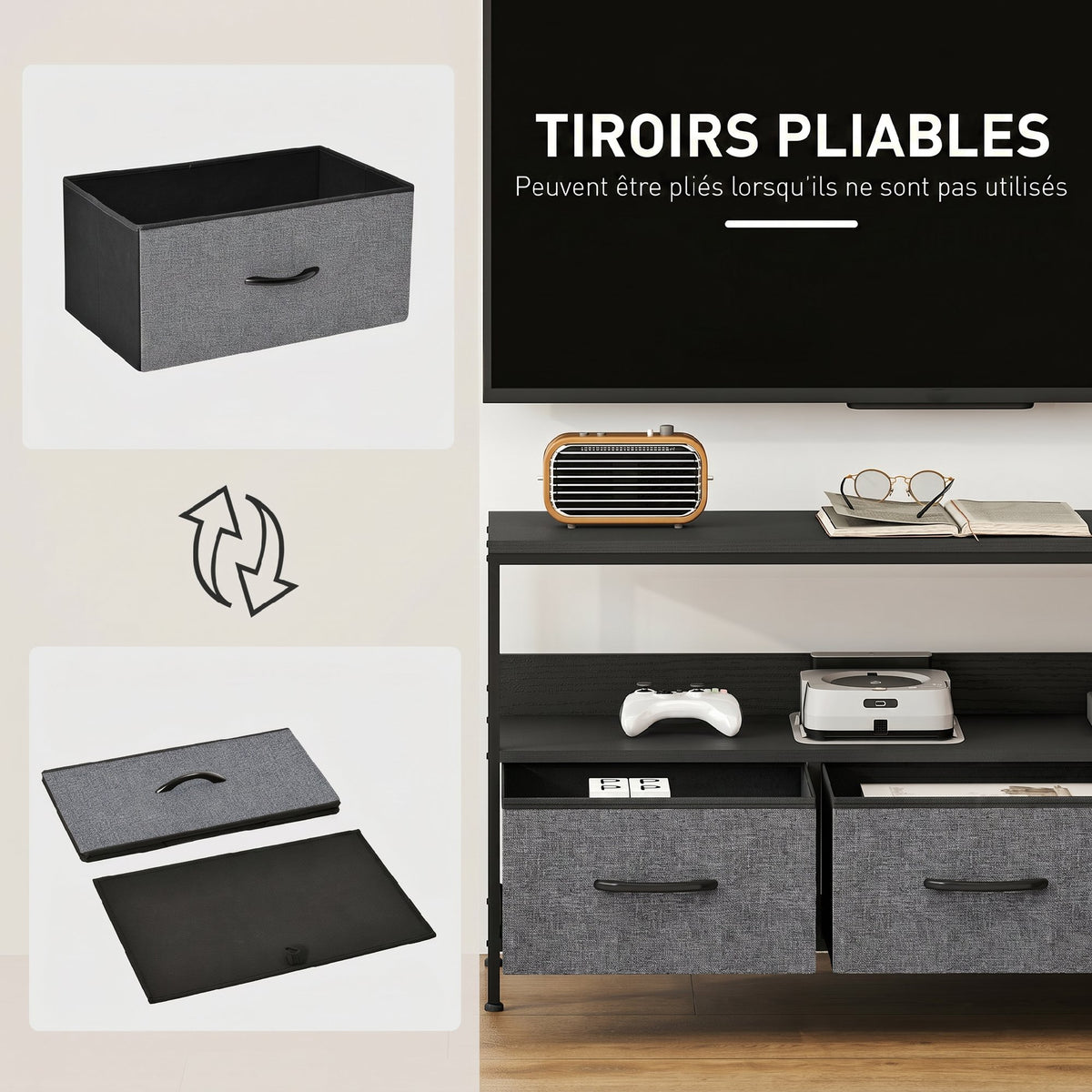 Meuble TV, meuble télé pour téléviseur jusqu'à 55 pouces avec 3 tiroirs et pieds en acier 120 x 29 x 56 cm noir