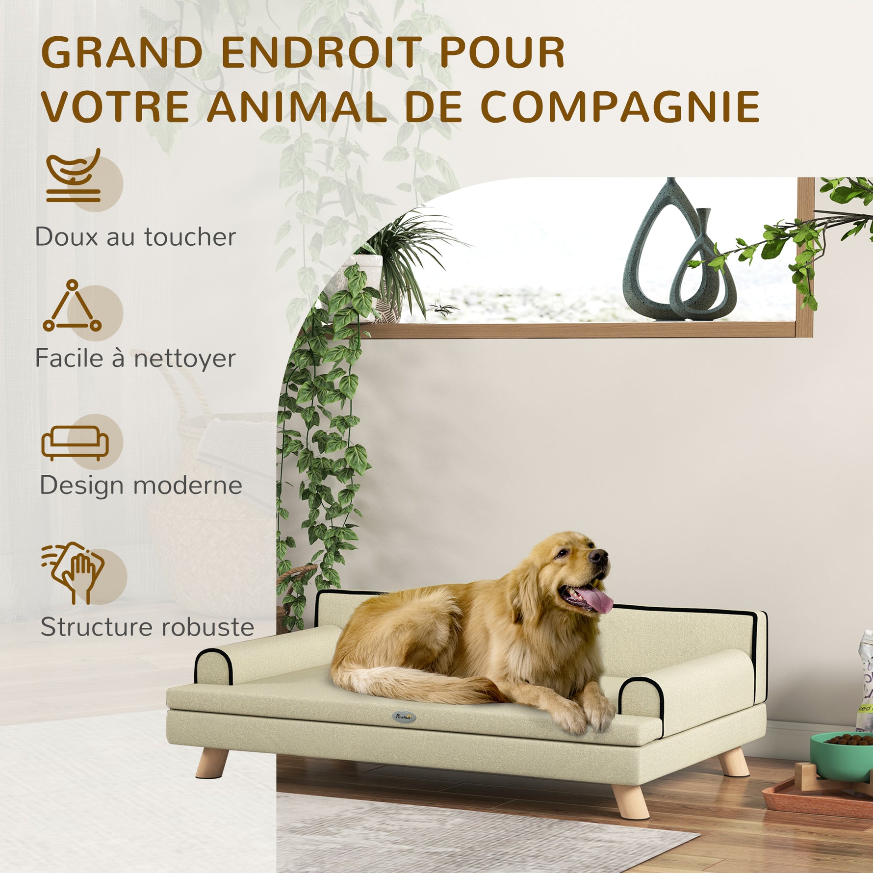 Canapé pour chien chat design scandinave coussin moelleux amovible pieds bois massif 100 x 62 x 32 cm beige