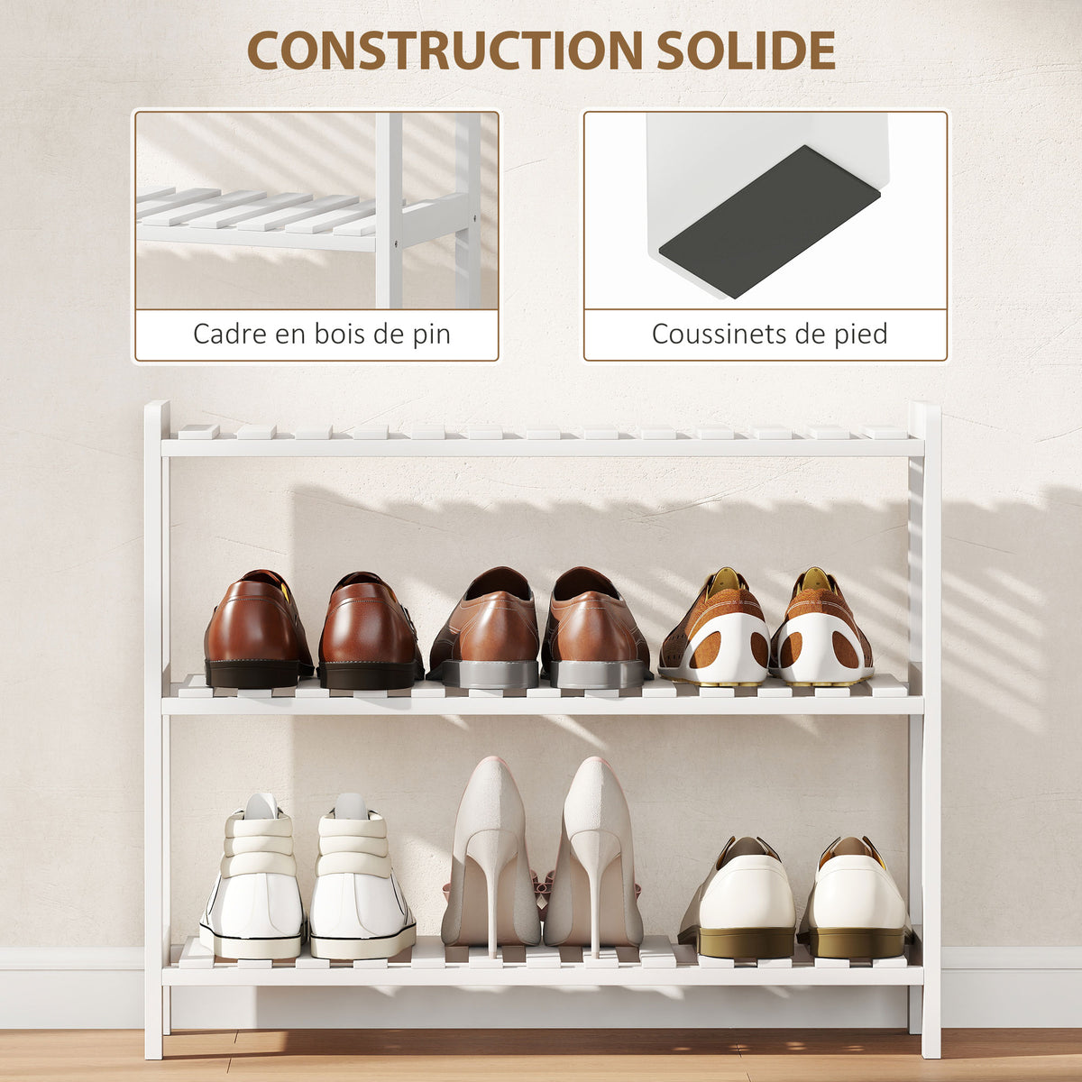 Étagère à chaussures, porte-chaussures 3 niveaux, étagères à lattes, en bois de pin， 70 x 26 x 57,5 cm, blanc