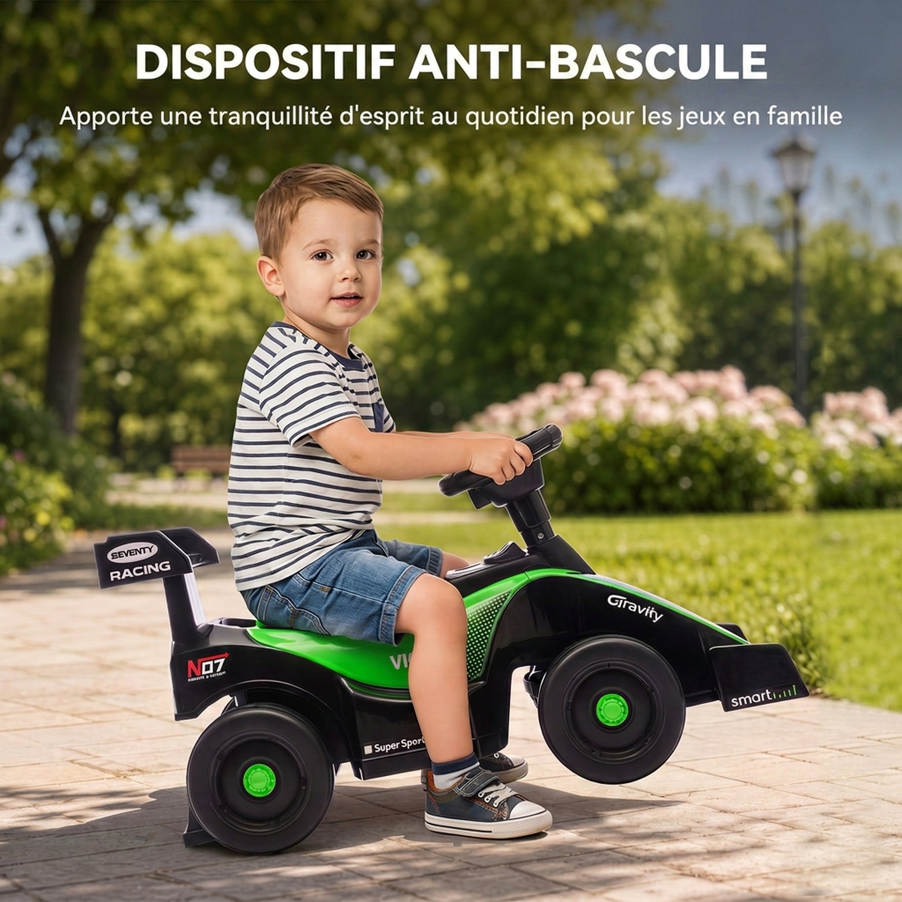Porteur enfants voiture F1, véhicule à pousser avec volant musical, roues silencieuses et coffre, 18-36 mois, vert