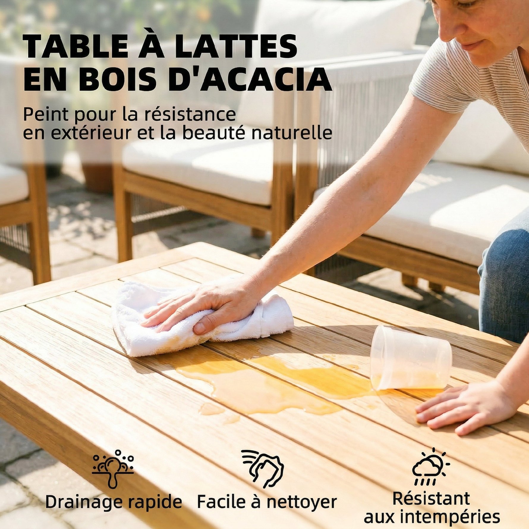 Salon de Jardin Ensemble de Mobilier 4 Pièces en Bois d'Acacia Coussins Déhoussables et Corde Tressée Naturel