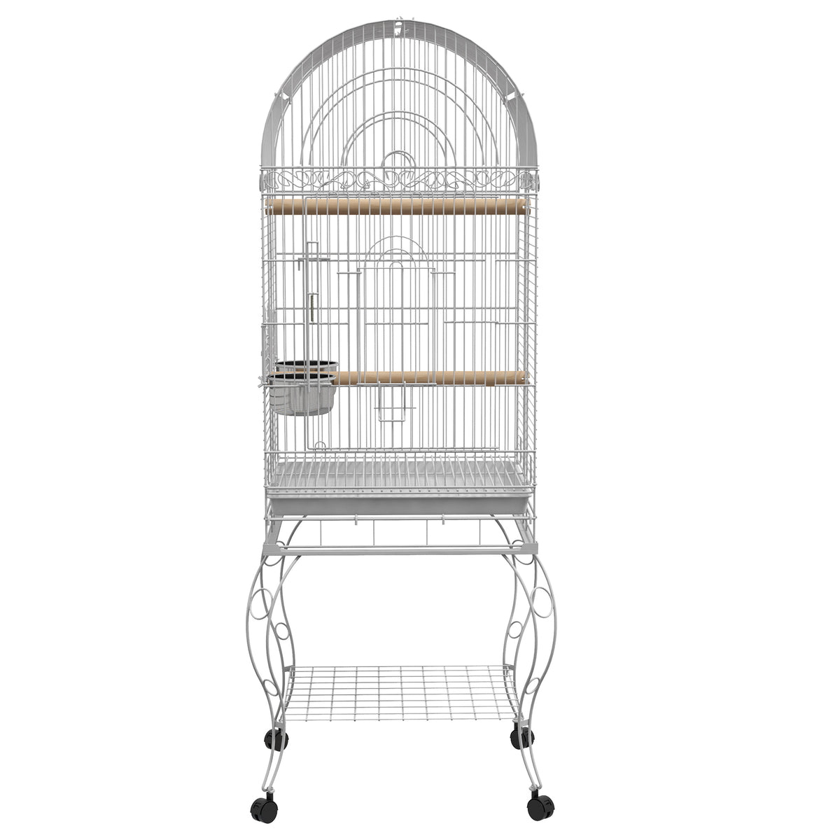 Cage à oiseaux sur roulettes avec étagère plateau amovible 2 bols perchoir acier inoxydable 51 x 51 x 153 cm blanc