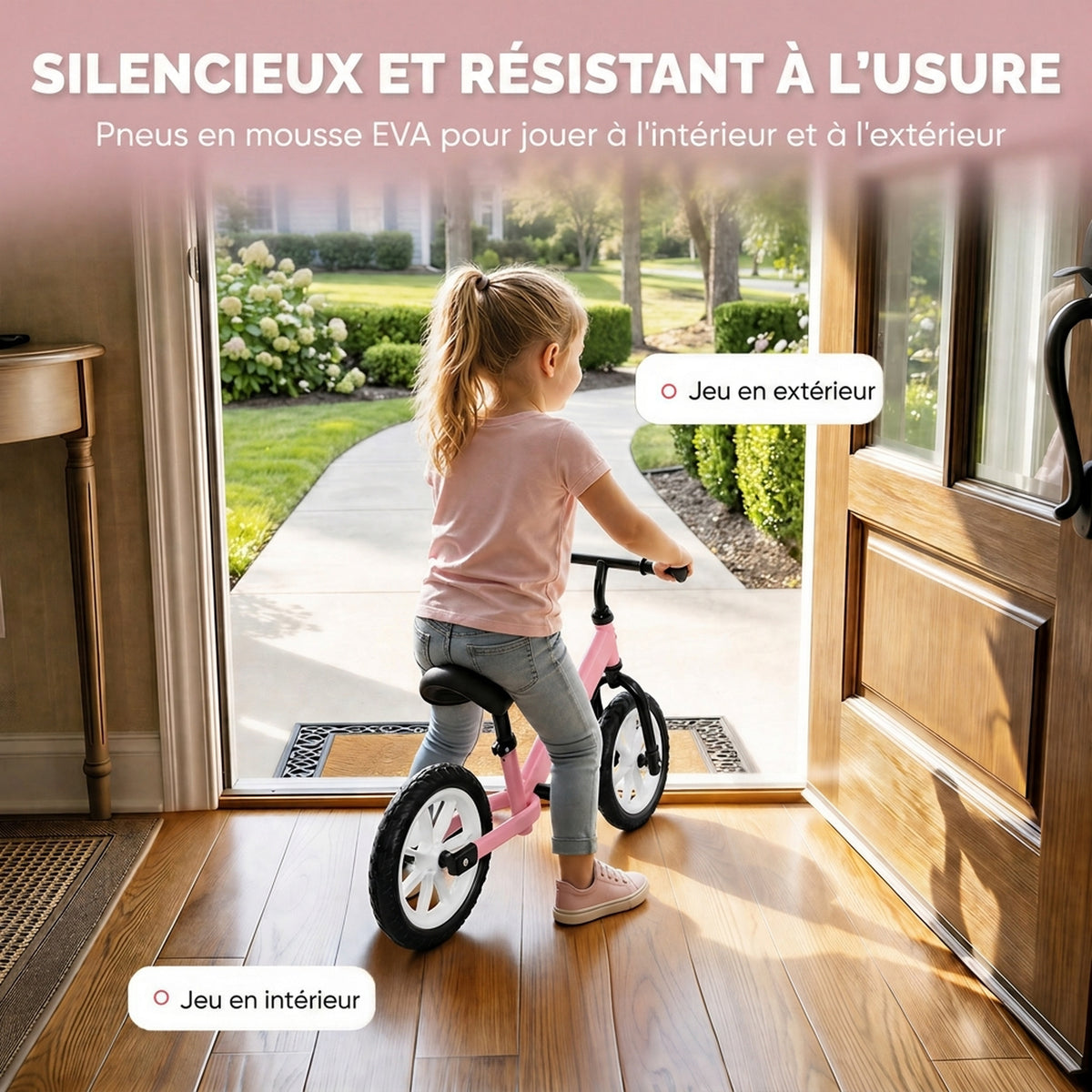 Draisienne Enfant 2-5 Ans, Roues Lumineuses, Siège Guidon Réglables, Pneus EVA Silencieux, Charge 50kg, 84x40x57cm, Rose