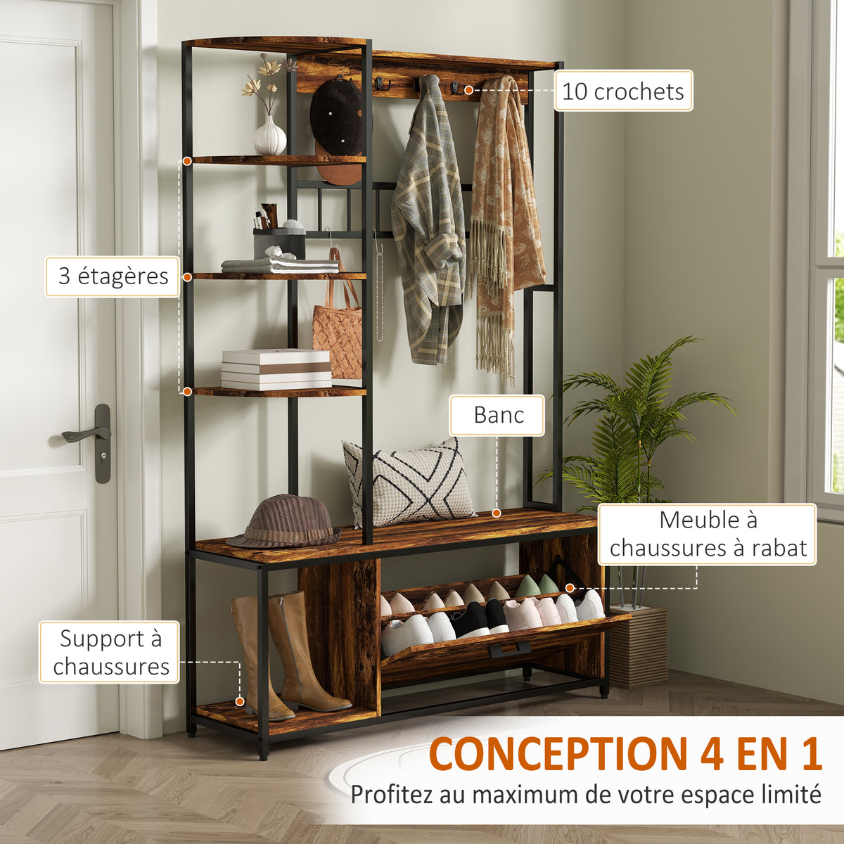 Porte-manteau avec étagère à chaussures 10 crochets, 3 étagères, armoire à chaussures rabattable 2 niveaux, marron