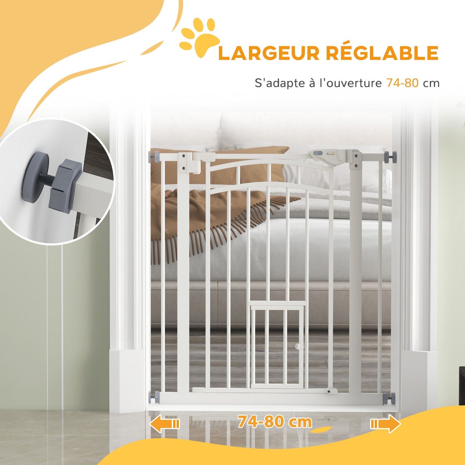 Barrière de sécurité animaux chien porte fermeture automatique sans perçage de 74 à 80 cm acier noir