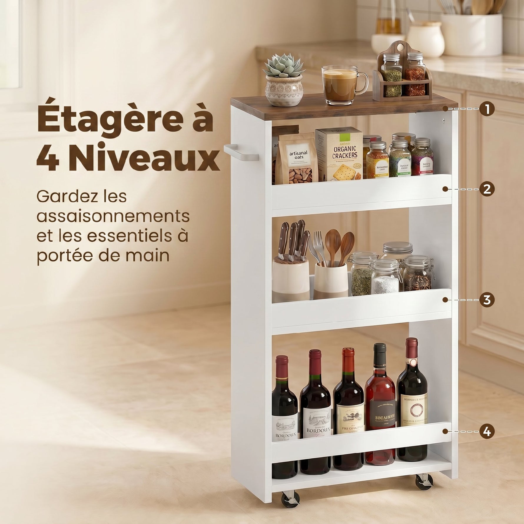 Desserte de Cuisine à Roulettes 4 Niveaux, Îlot Central Cuisine Étroit avec Poignée Latérale, 40 x 20 x 84 cm, Blanc