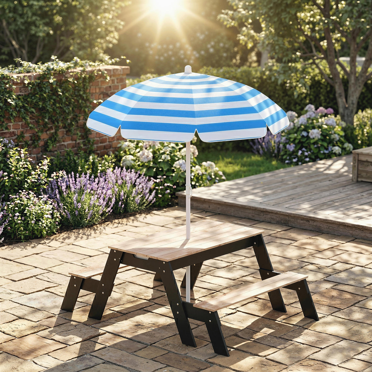 Table de pique-nique enfants avec parasol, 3 en 1 salon de jardin en bois pour enfants 3-6 ans avec 2 boîtes, naturel