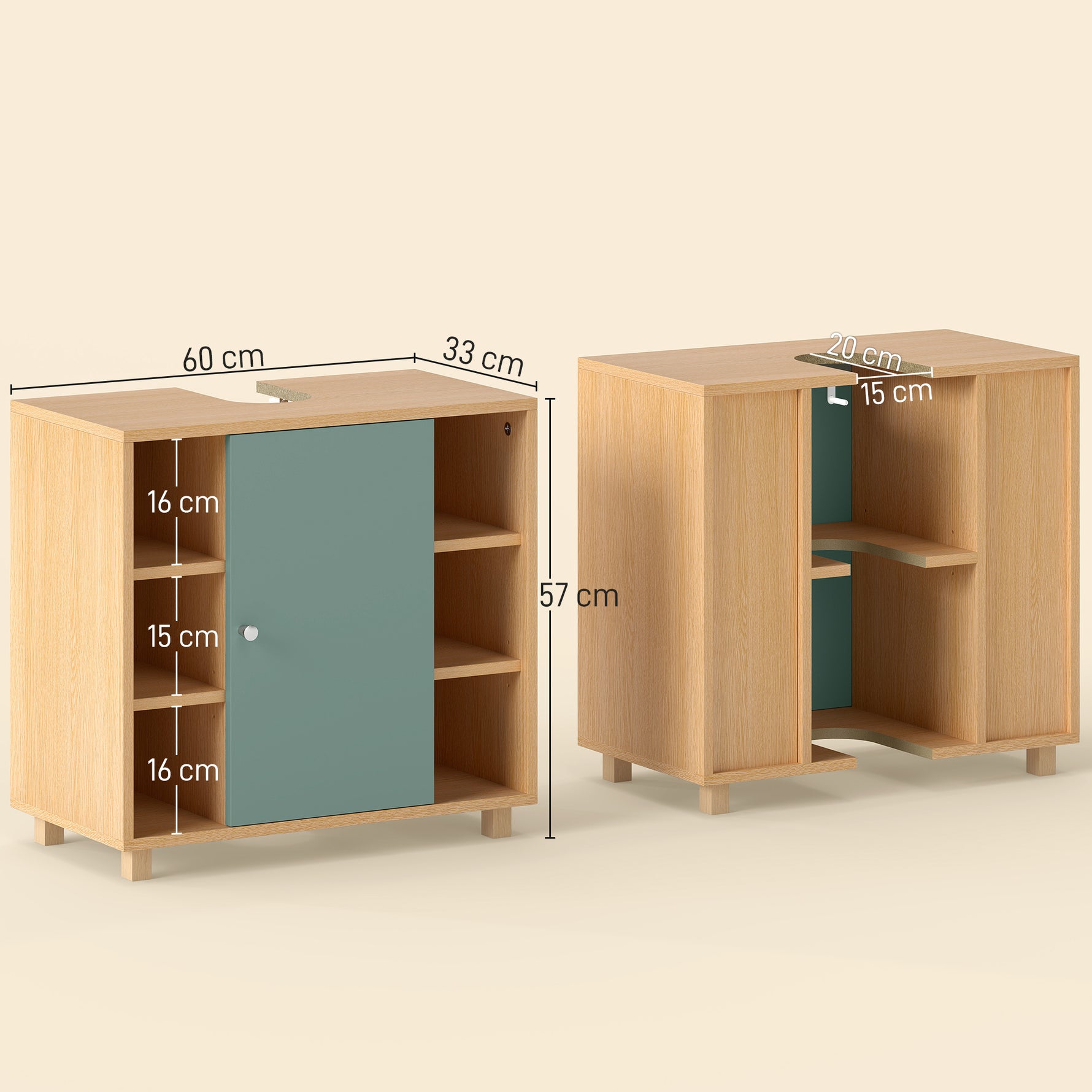Meuble sous lavabo, meuble de salle de bain avec 6 étagères ouvertes et porte à fermeture amortie 60 x 33 x 57 cm, vert