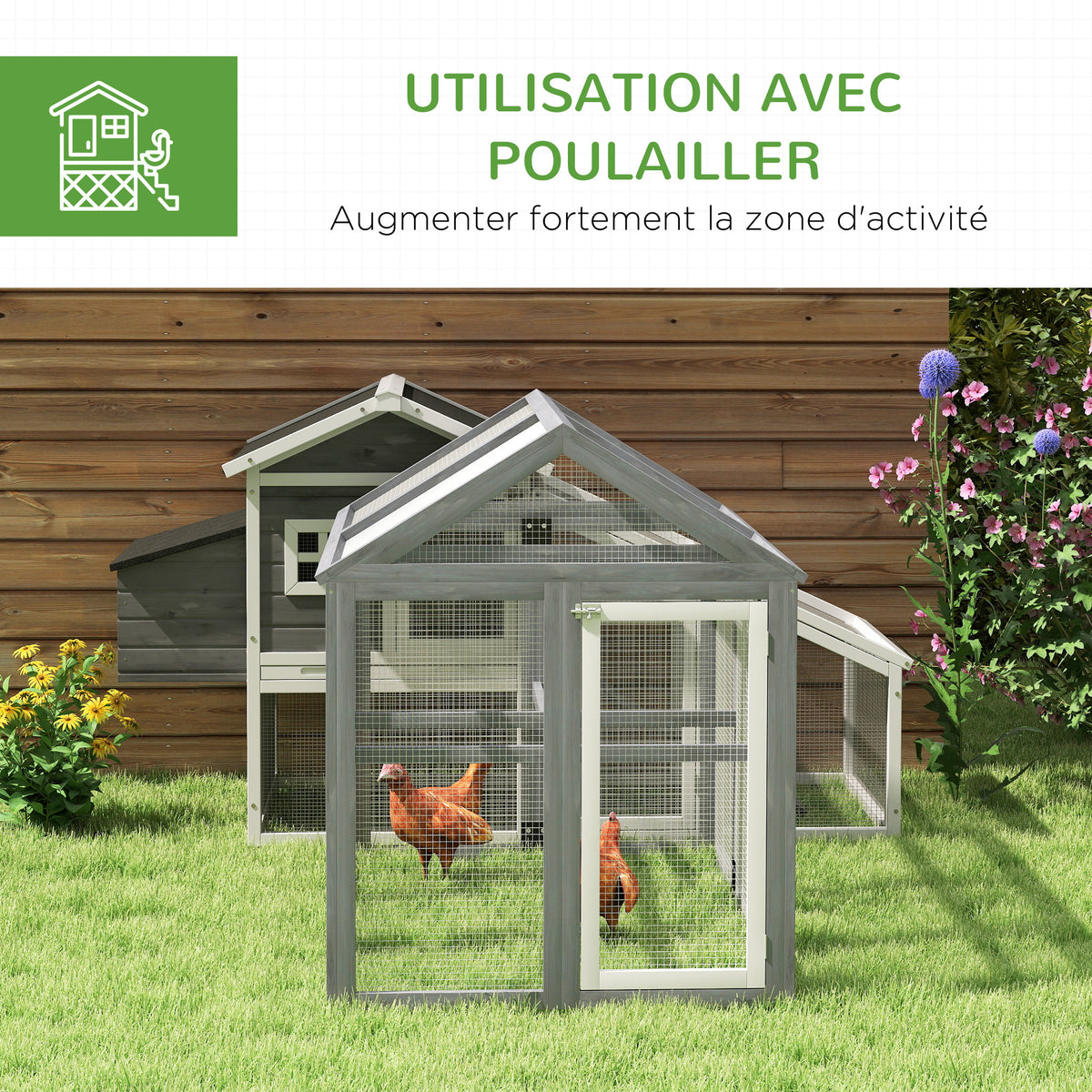 Enclos poulailler 1,18 m², parc grillagé avec porte verrouillables, cadre en bois massif, 140 x 88,5 x 106 cm, gris