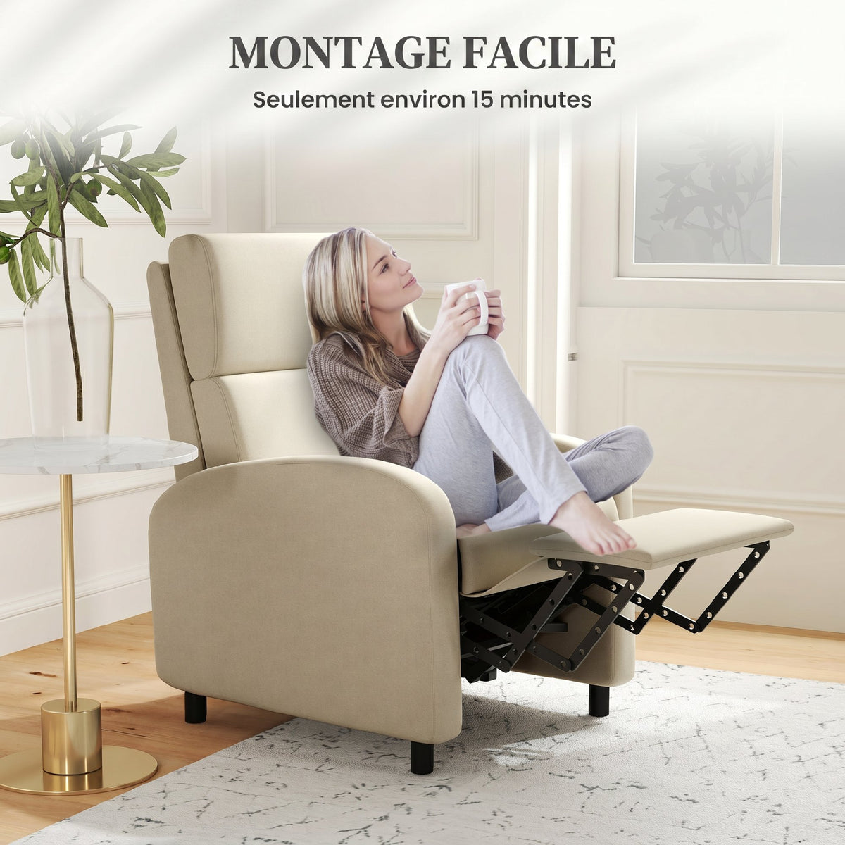 Fauteuil Relax Inclinable jusqu'à 160° Manuellement avec Repose-Pieds Intégré, Charge Max. 120kg, Grand Confort, Crème