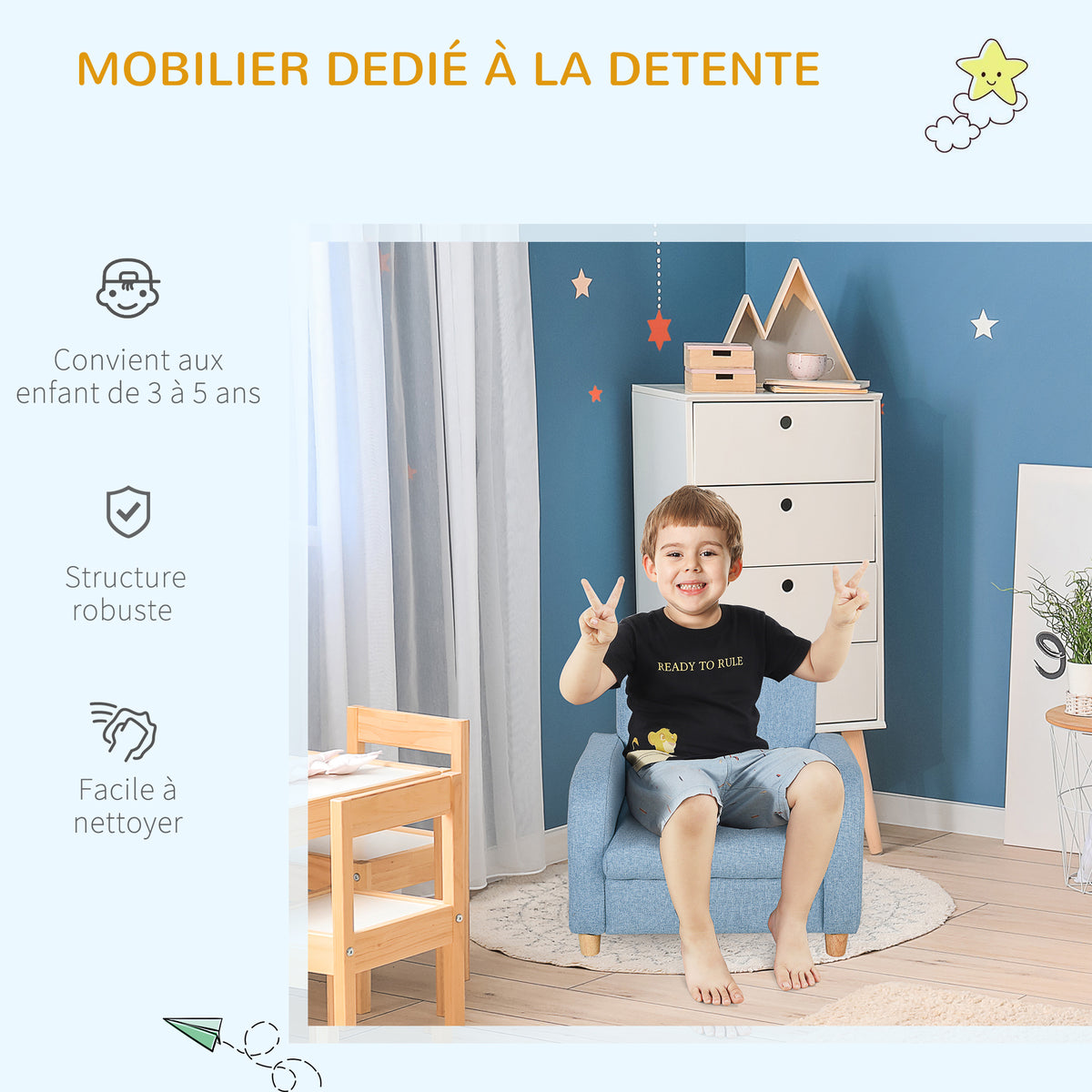 Fauteuil Enfant Design scandinave accoudoirs Assise Dossier garnissage Mousse piètement Bois Caoutchouc Lin Bleu