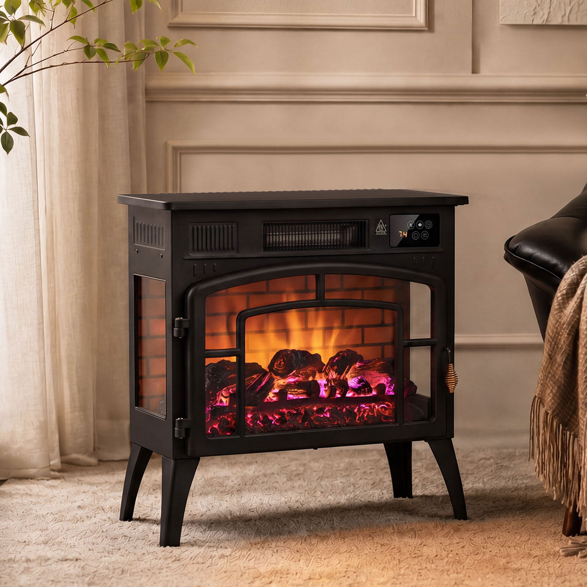Chimenea eléctrica con efecto de llama 3D multicolor 1000W/2000W, termostato ajustable, control por aplicación y voz, negro